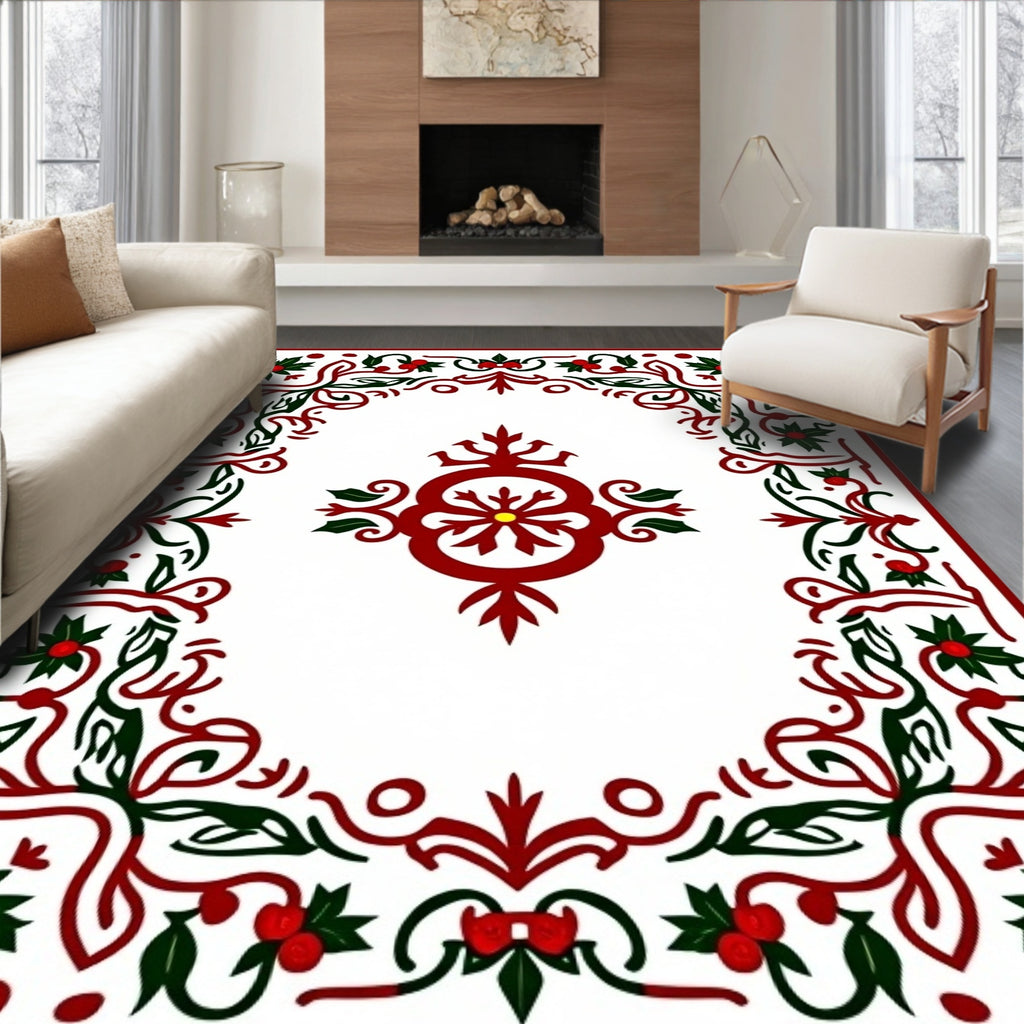 Traditional Holly Berry Festive Frame Rug