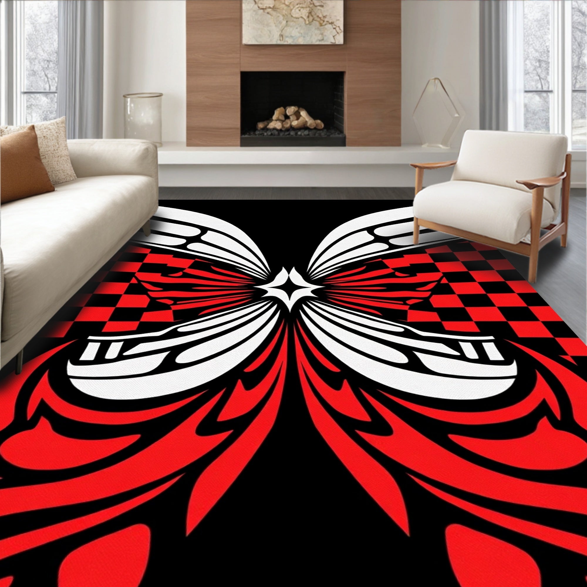 Bold Red Black Winged Checker Rug