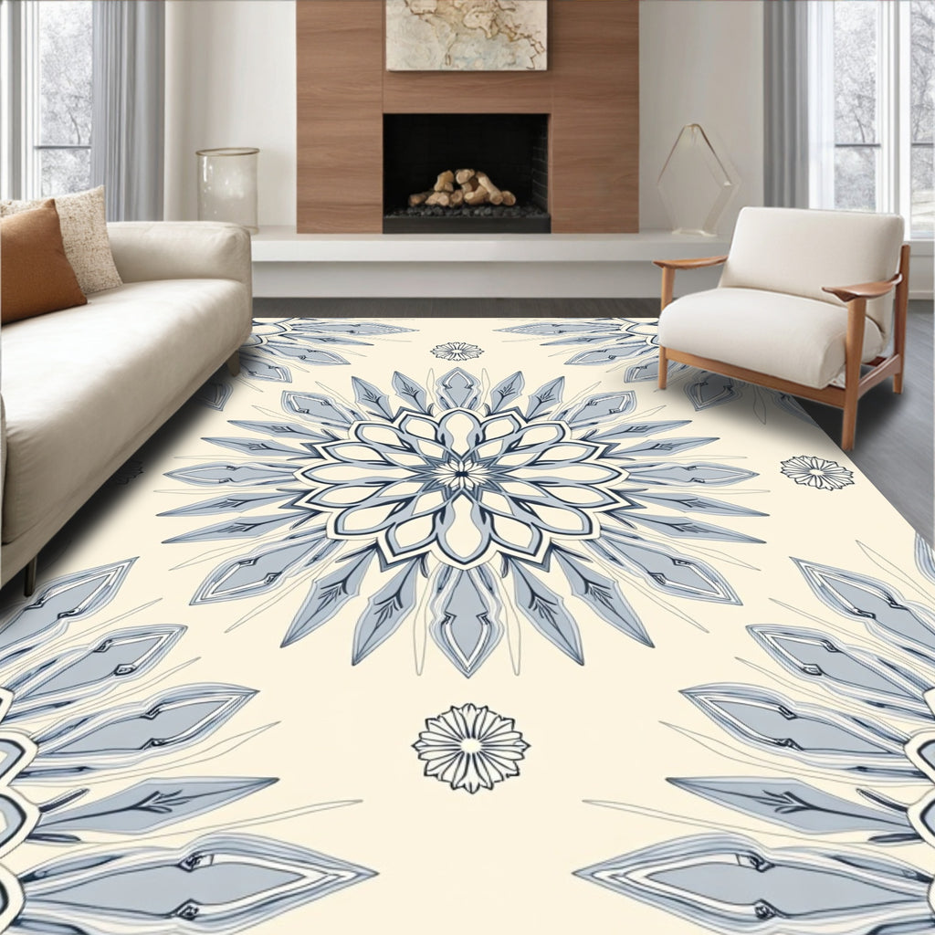 Cream Blue Radial Floral Starburst Rug