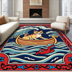 Whimsical Cat Boat Ocean Waves Rug