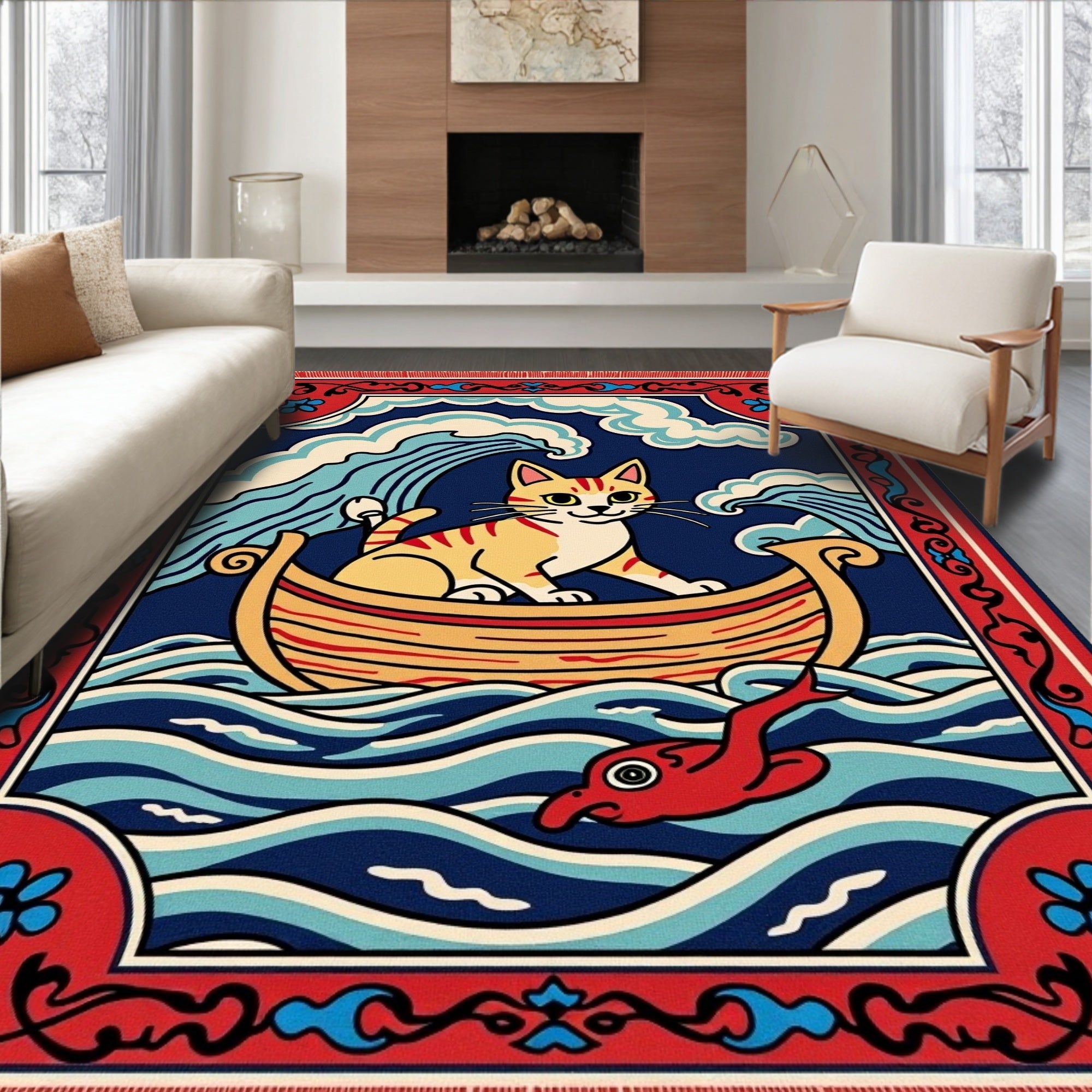 Whimsical Cat Boat Ocean Waves Rug