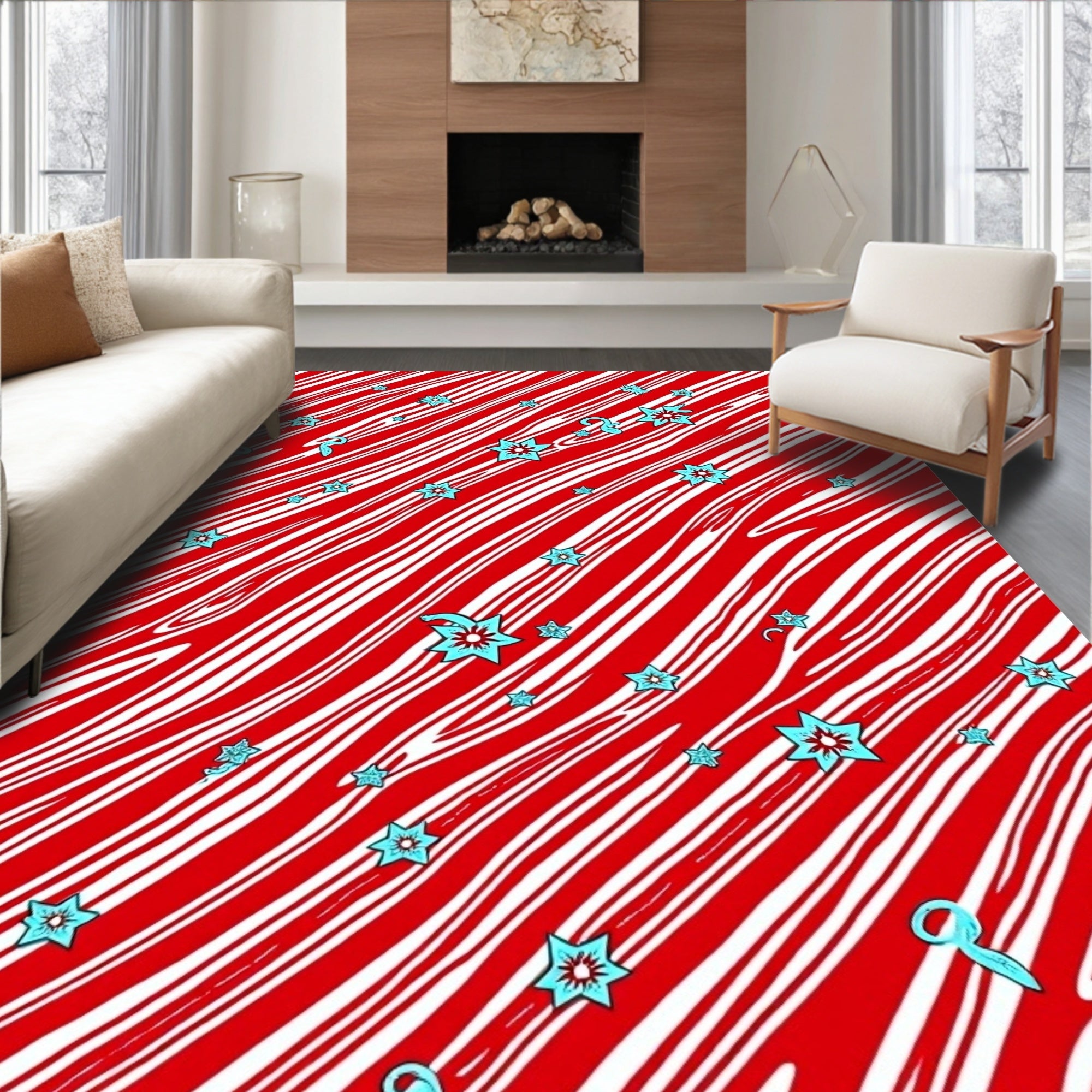 Red White Swirl Starburst Streamer Rug