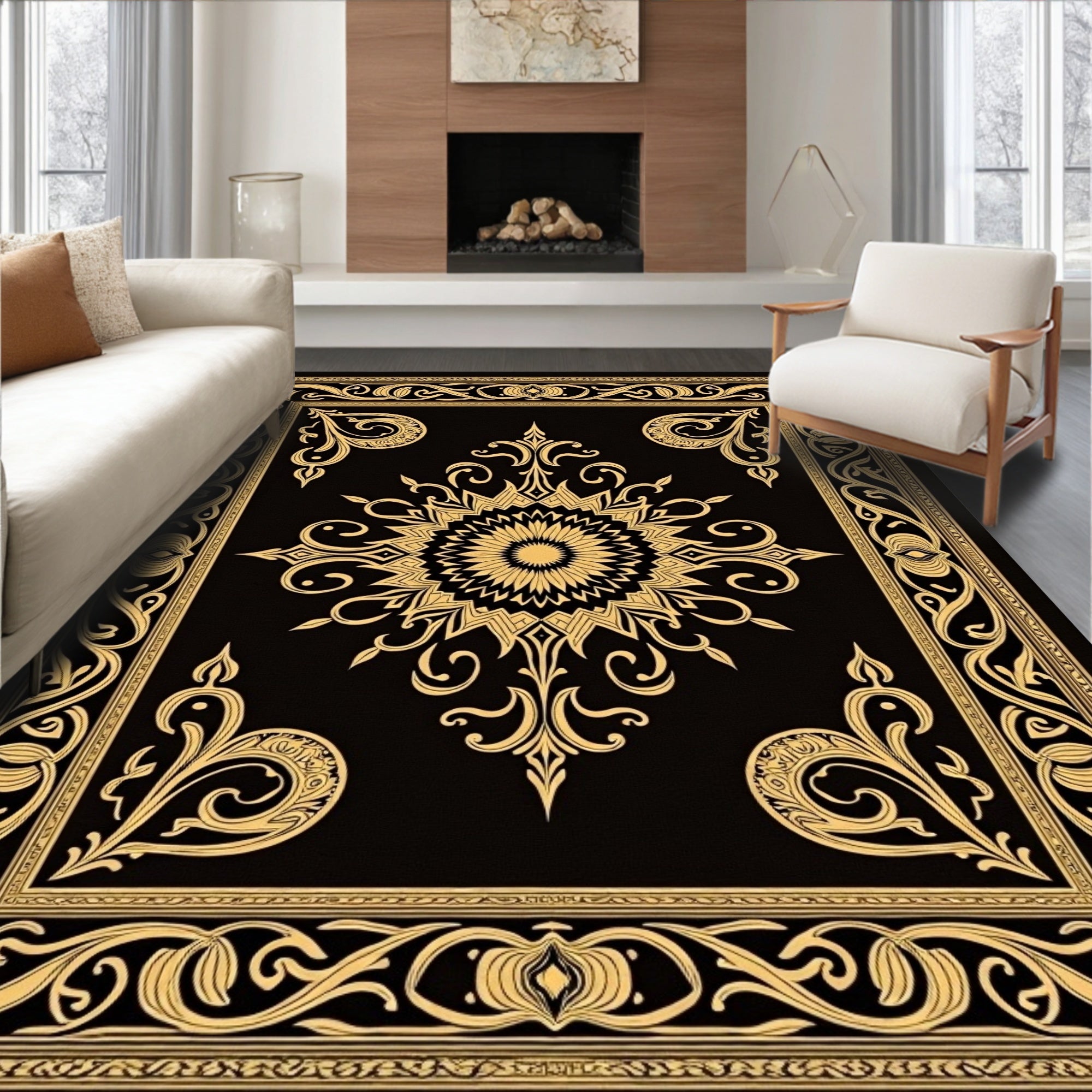 Grand Black Gold Medallion Border Rug
