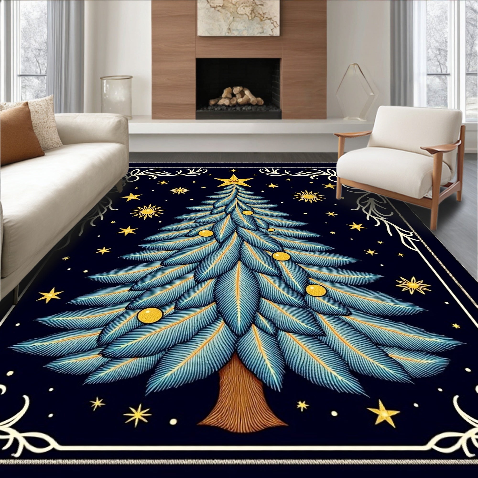 Blue Feathered Christmas Tree Stars Rug