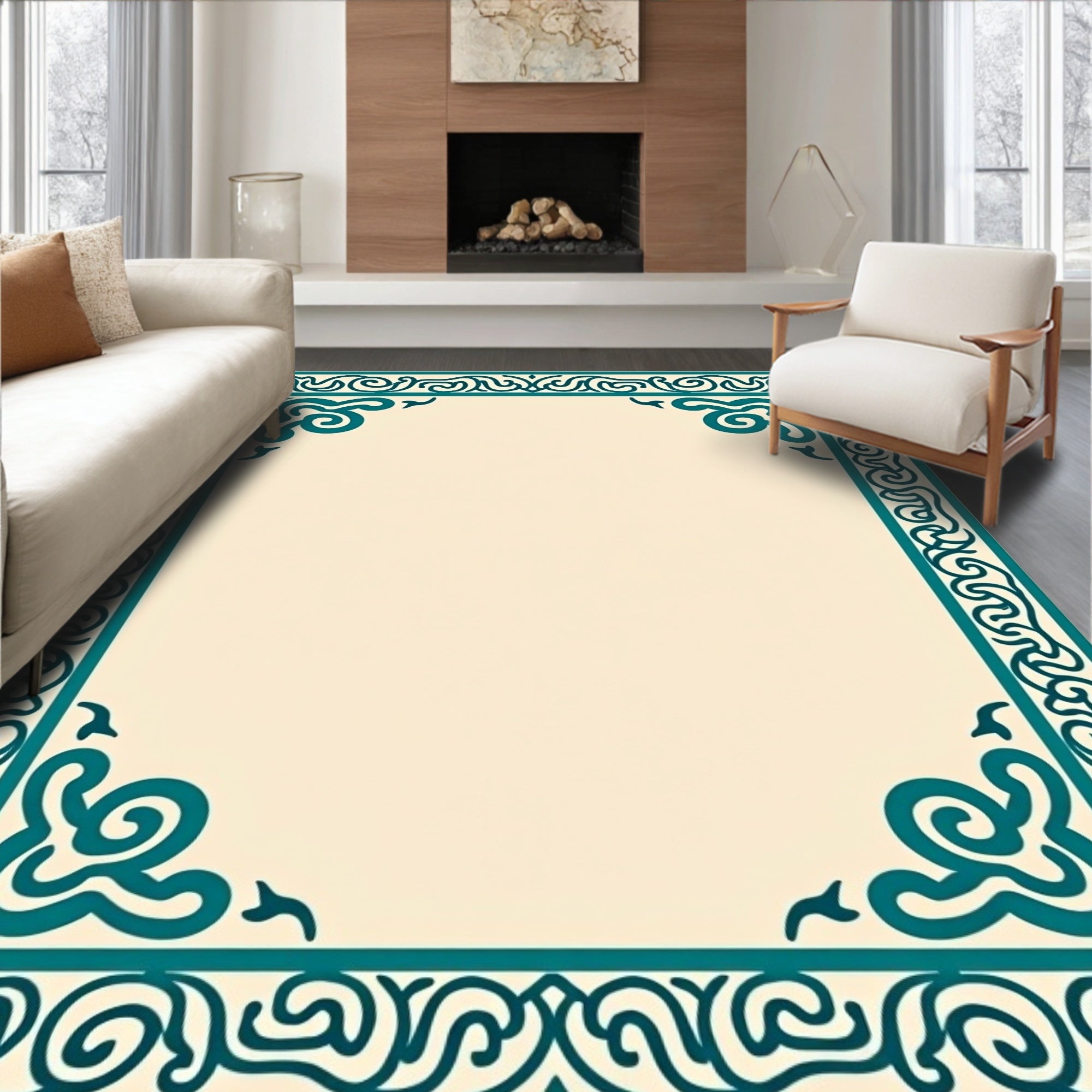 Teal Scroll Border Cream Rug