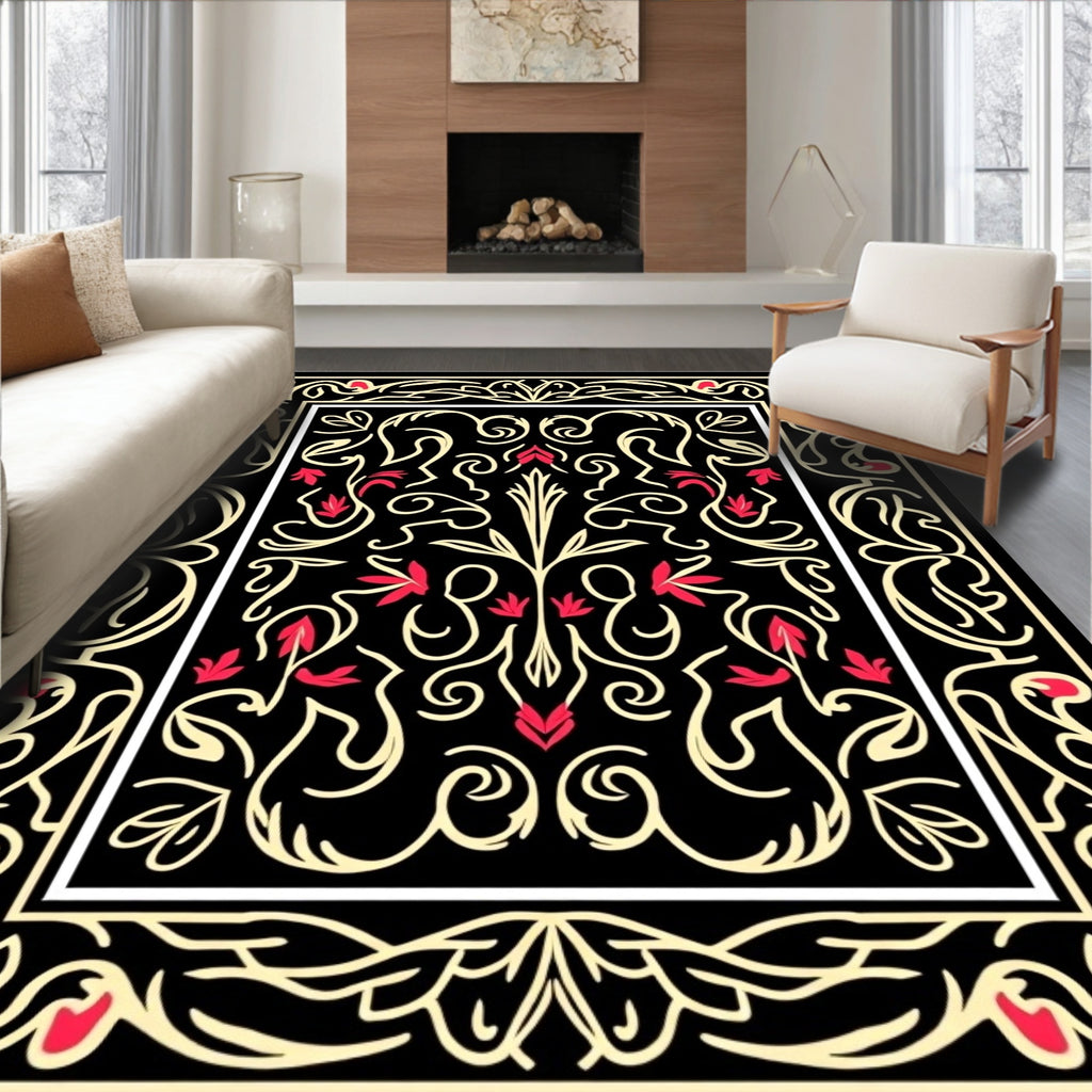 Black Cream Red Floral Scroll Rug