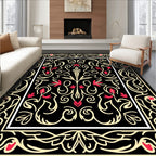 Black Cream Red Floral Scroll Rug