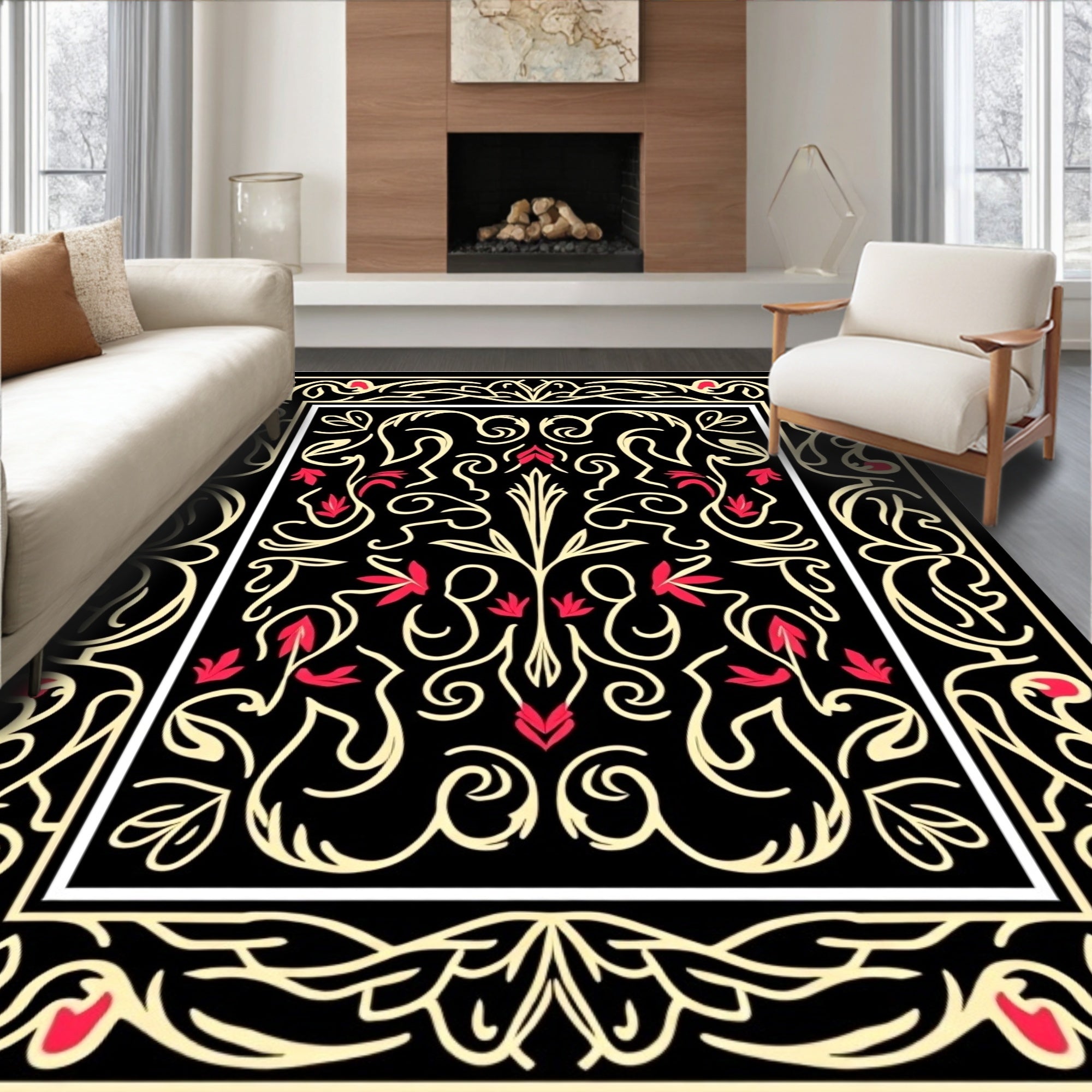 Black Cream Red Floral Scroll Rug