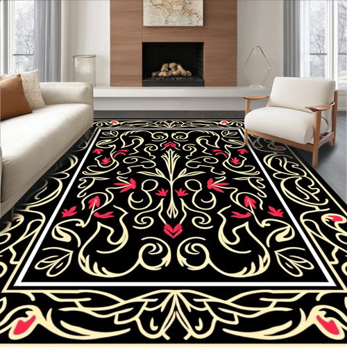 Black Cream Red Floral Scroll Rug