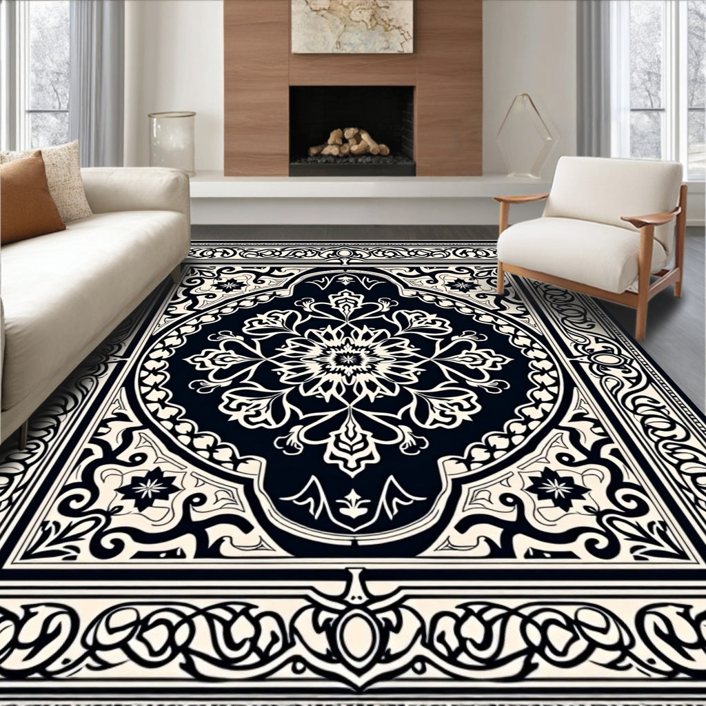 Classic Black Ivory Arabesque Medallion Rug