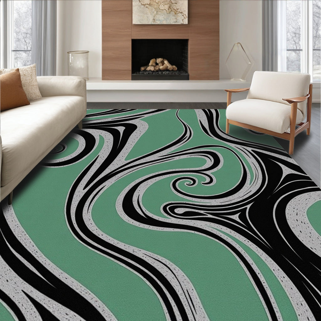 Green Swirls Abstract Flowing Art Rug