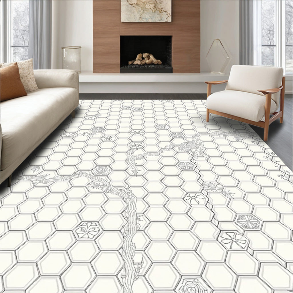 Monochromatic Hexagon Garden Tree Medallion Rug