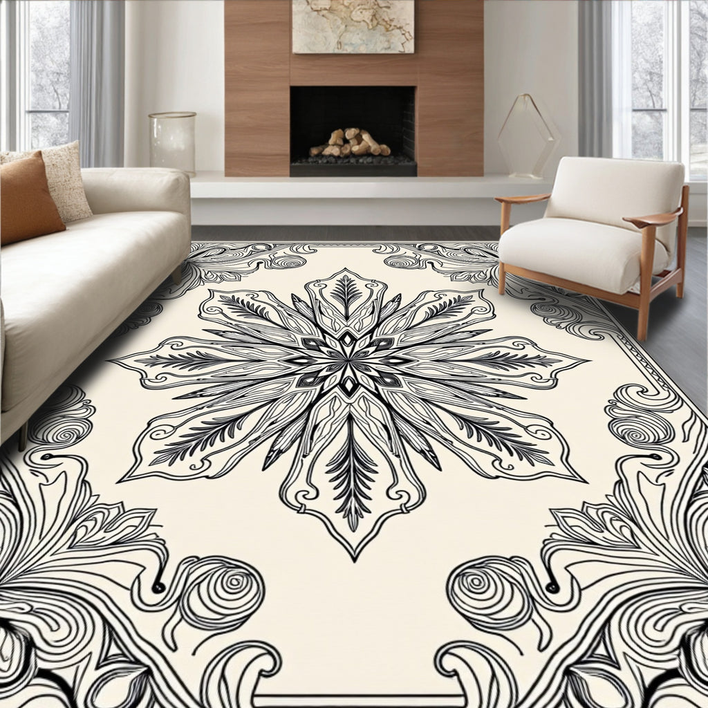 Intricate Ivory Floral Mandala Rug