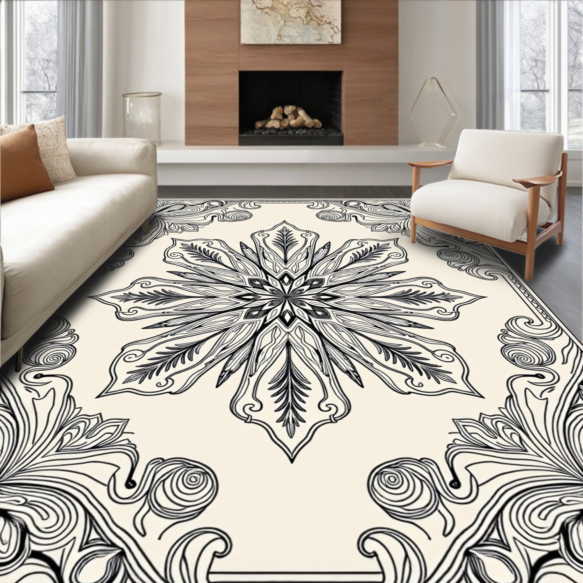 Intricate Ivory Floral Mandala Rug