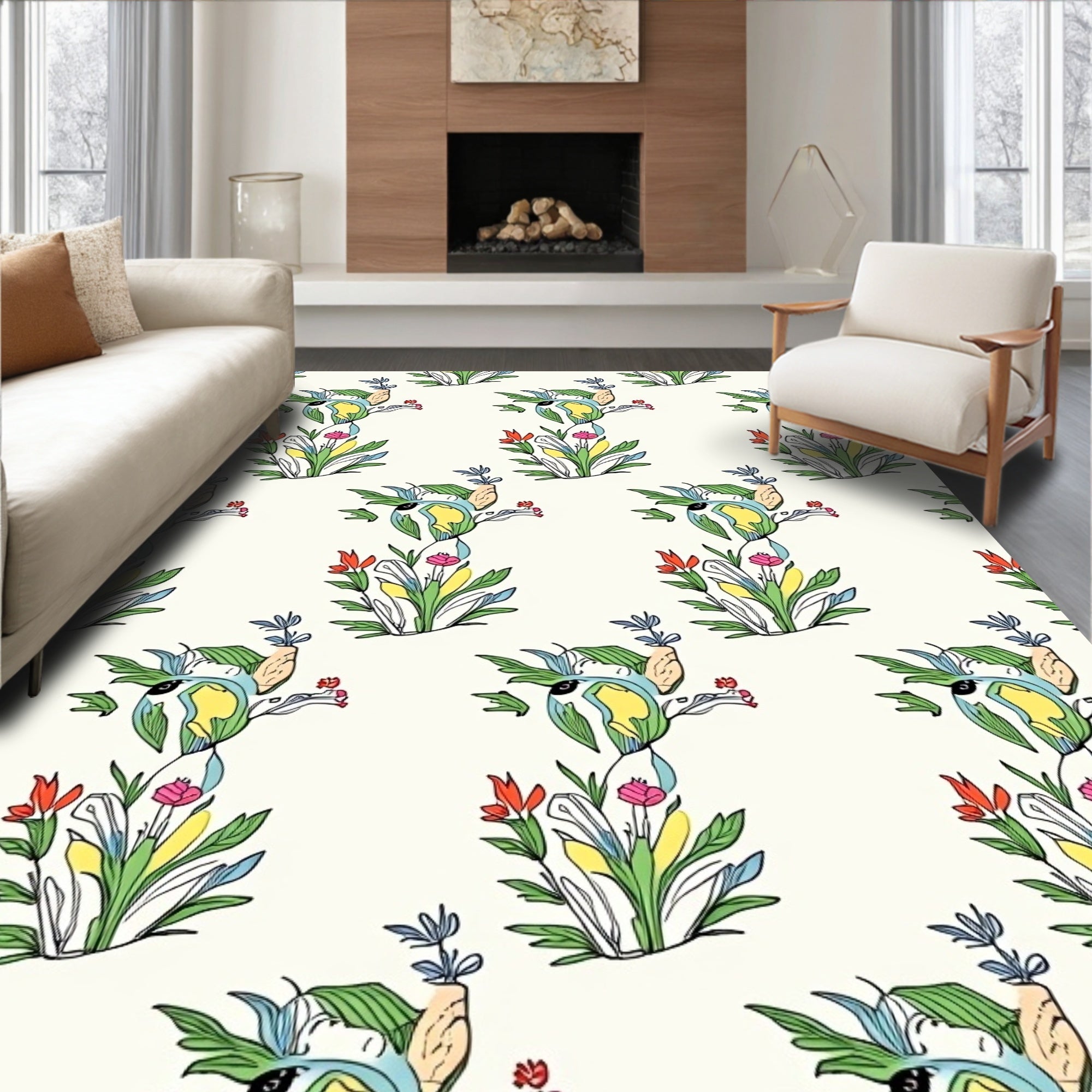 Whimsical Green Earth Botanical Cluster Rug
