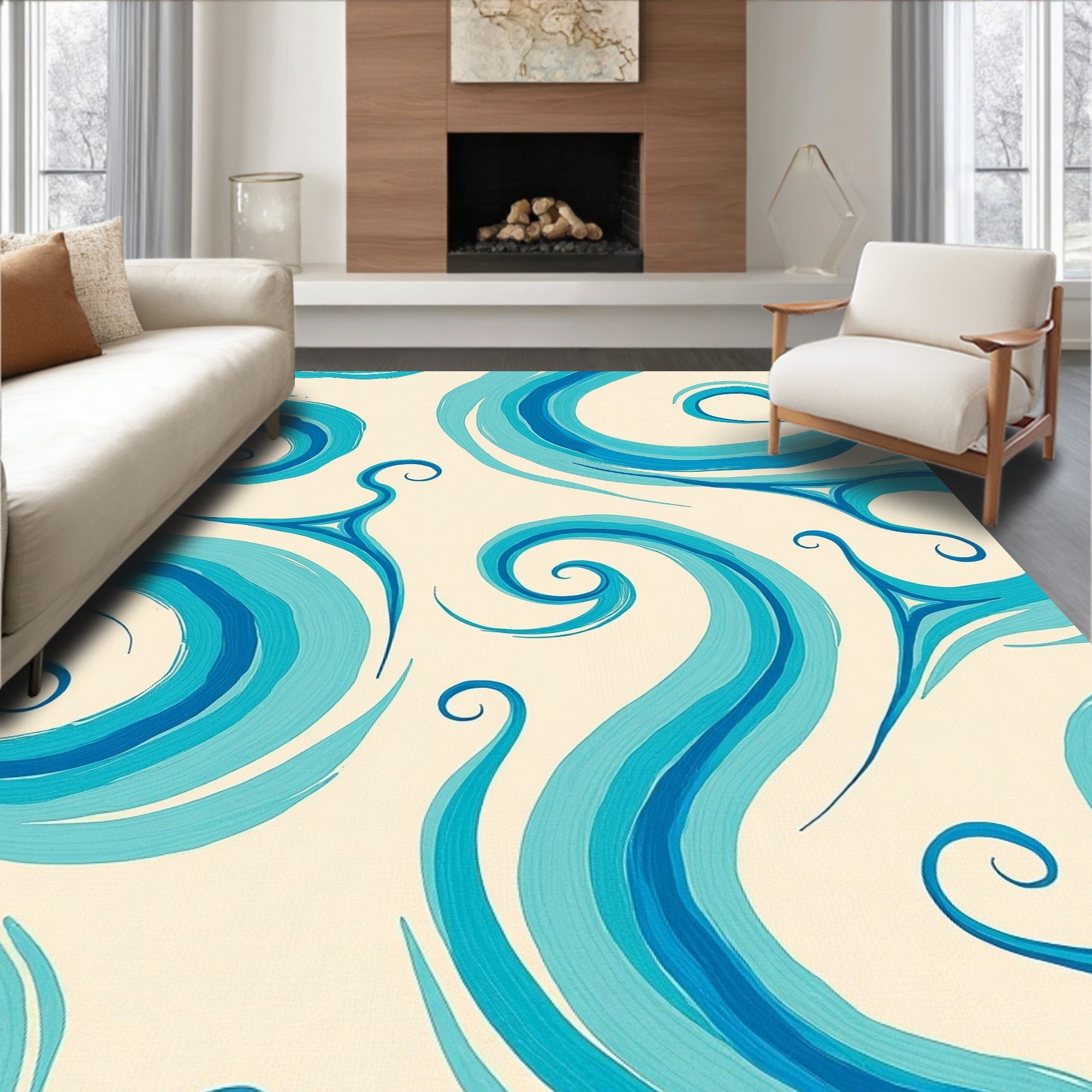Oceanic Blue Swirls Fluid Waves Rug