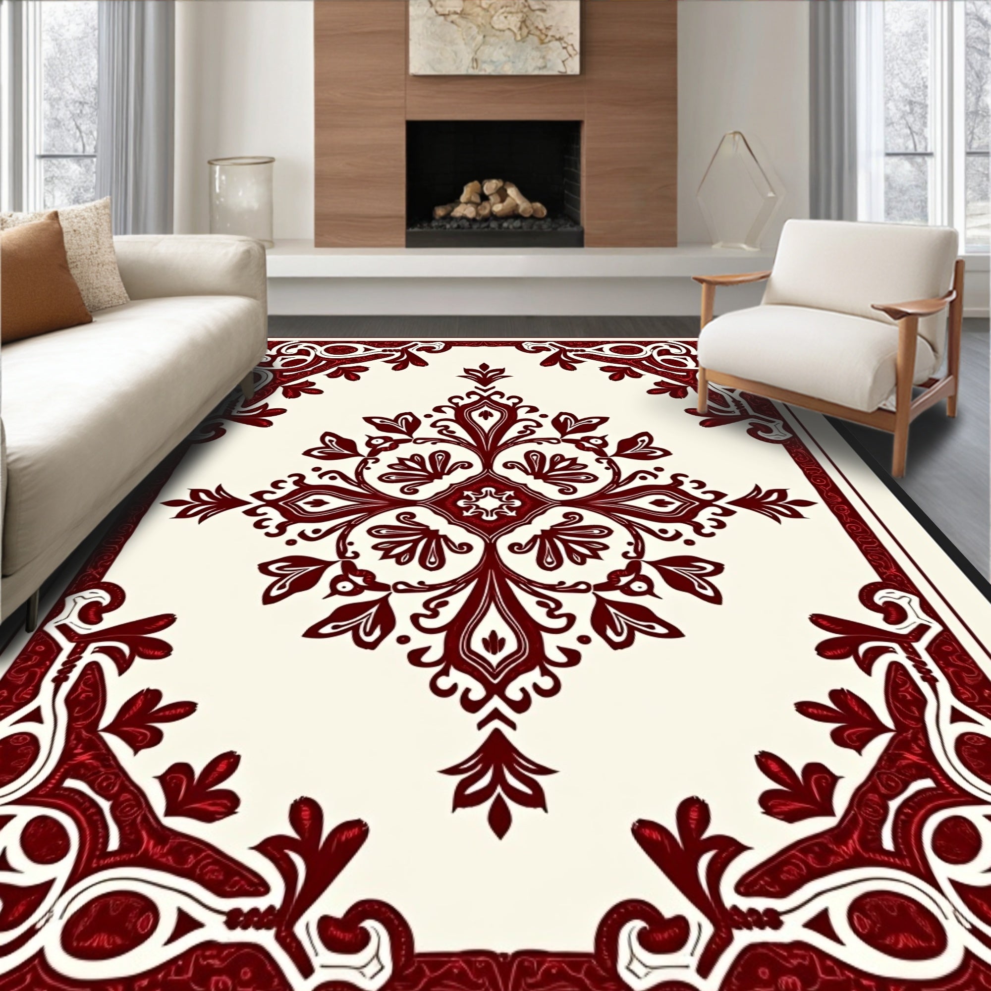 Regal Crimson Floral Damask Rug