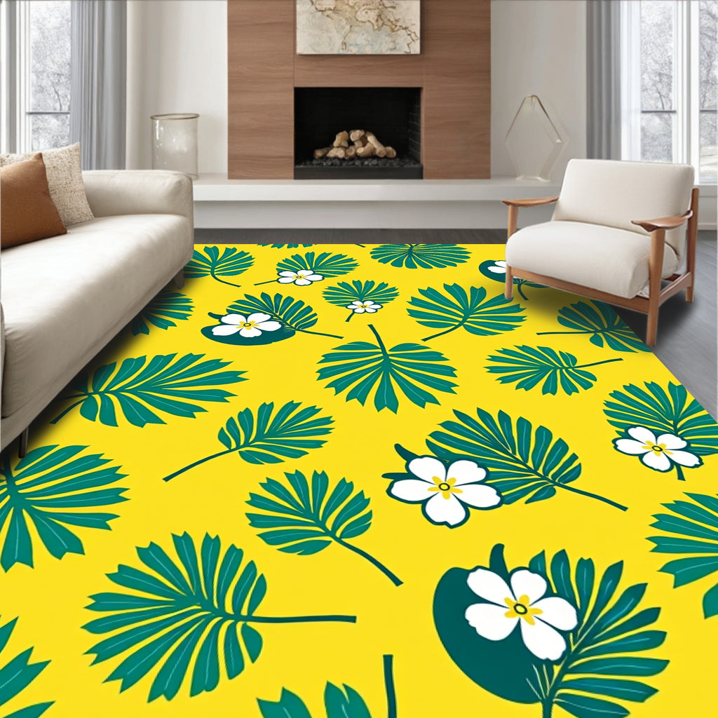 Vibrant Teal Tropical Leaf Plumeria Rug