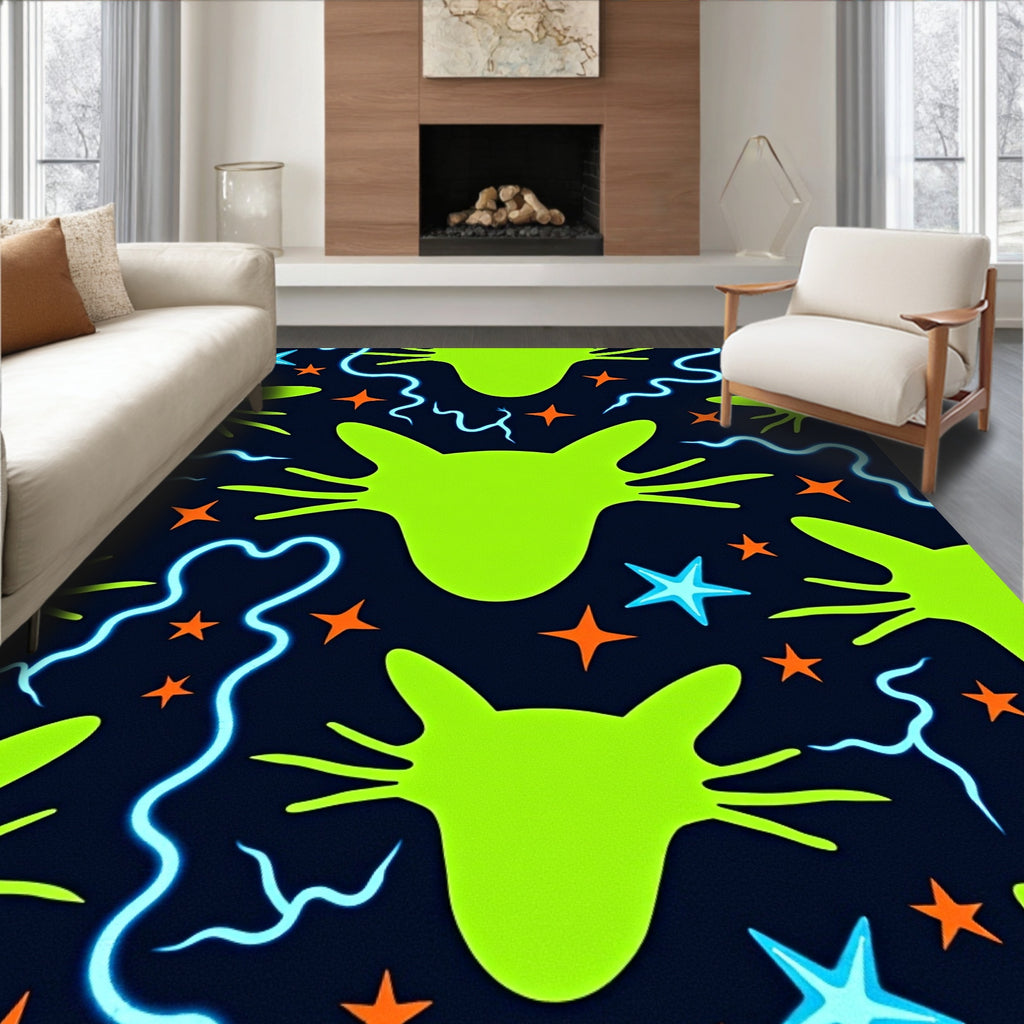 Neon Lime Cat Stars Swirls Rug