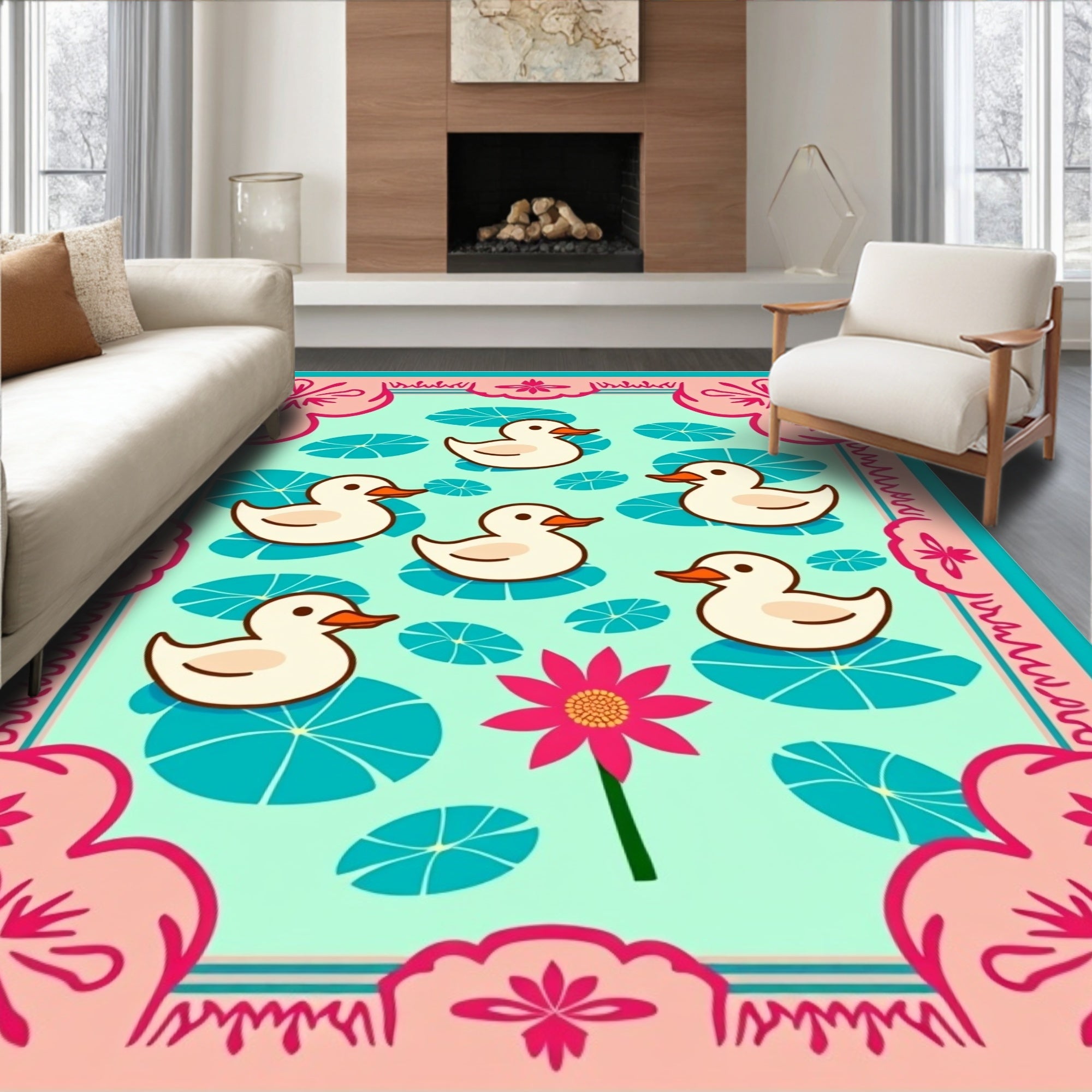 Quirky Ducklings Teal Lotus Pond Rug