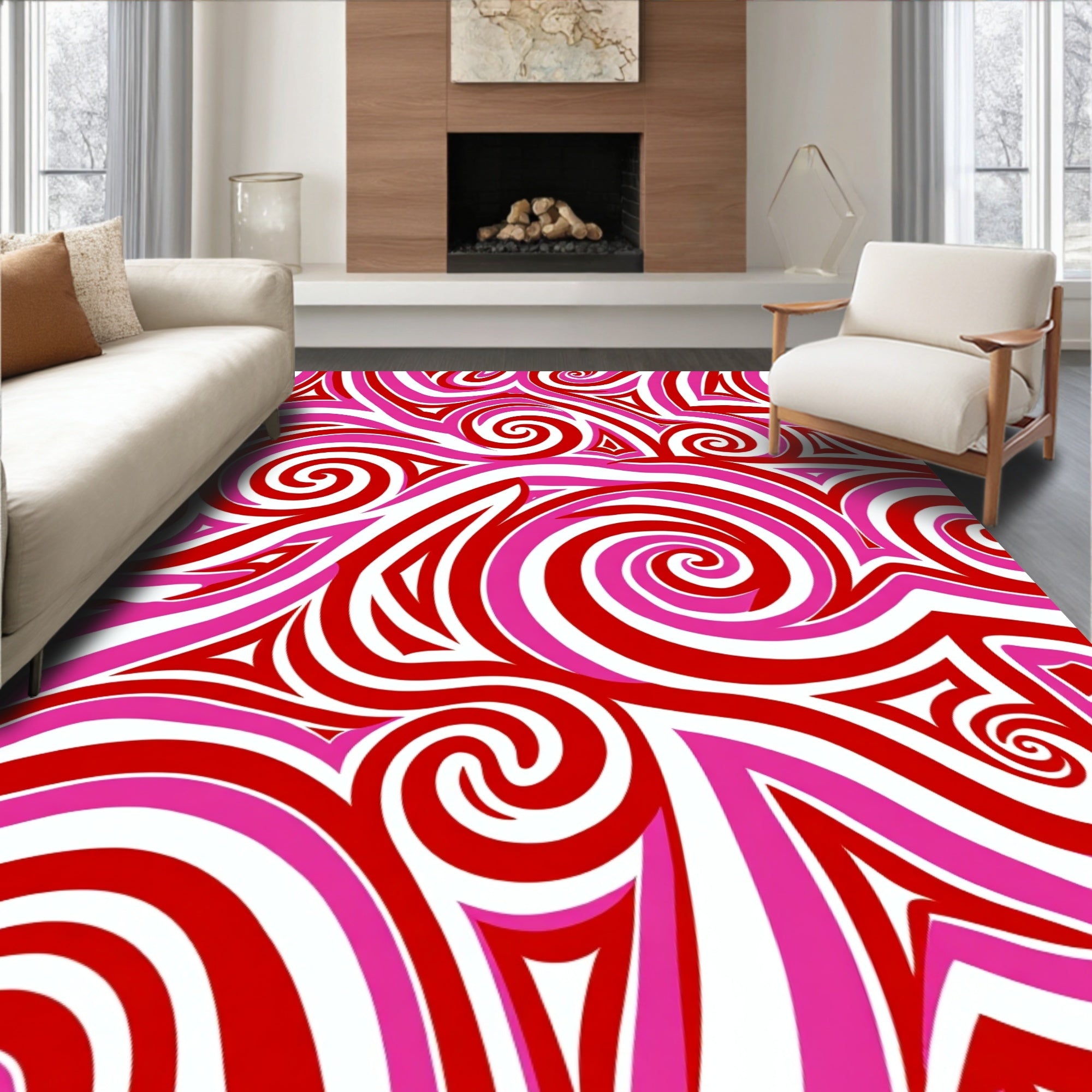 Crimson Pink Swirl Organic Forms Rug