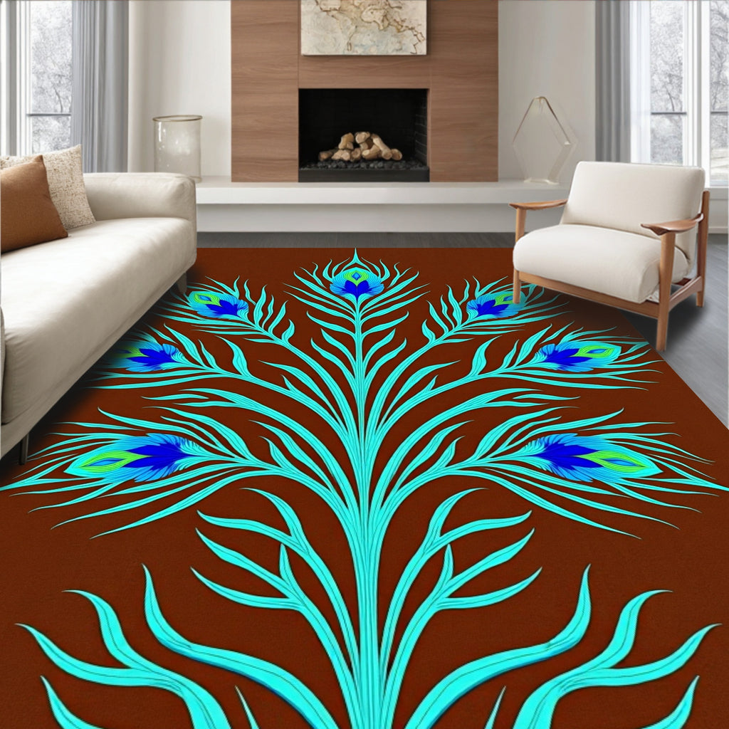 Turquoise Peacock Feather Motif Brown Background Rug