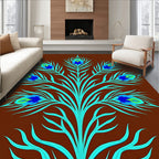 Turquoise Peacock Feather Motif Brown Background Rug