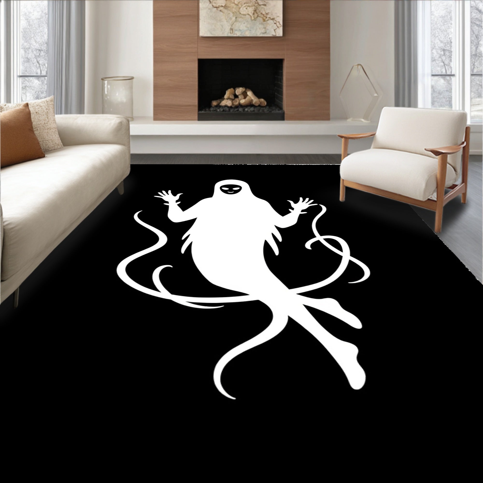 White Ghost Swirling Black Background Rug