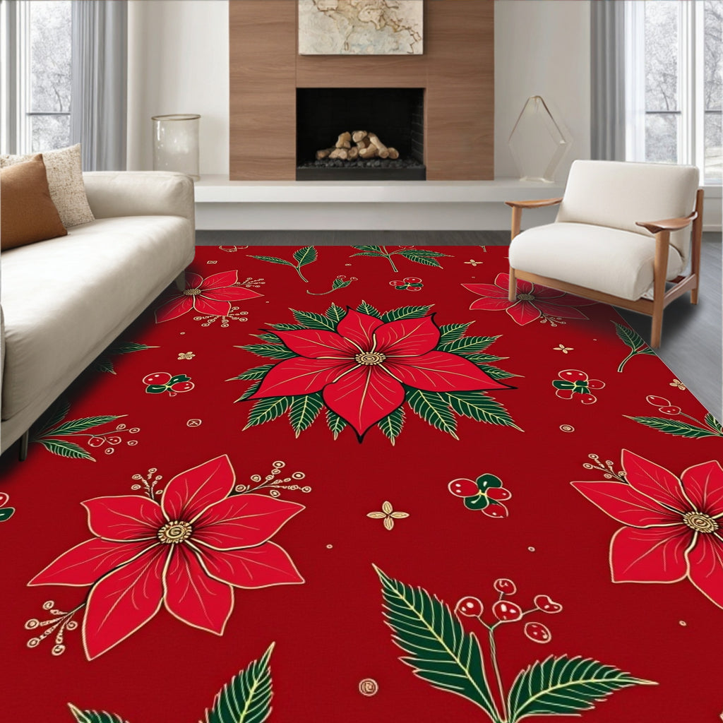 Red Poinsettia Garland Christmas Rug
