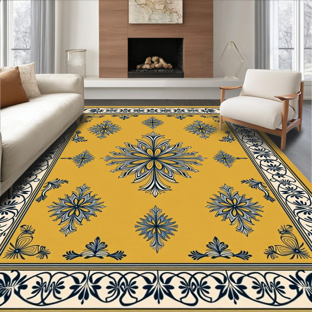 Golden Navy Floral Medallion Border Rug