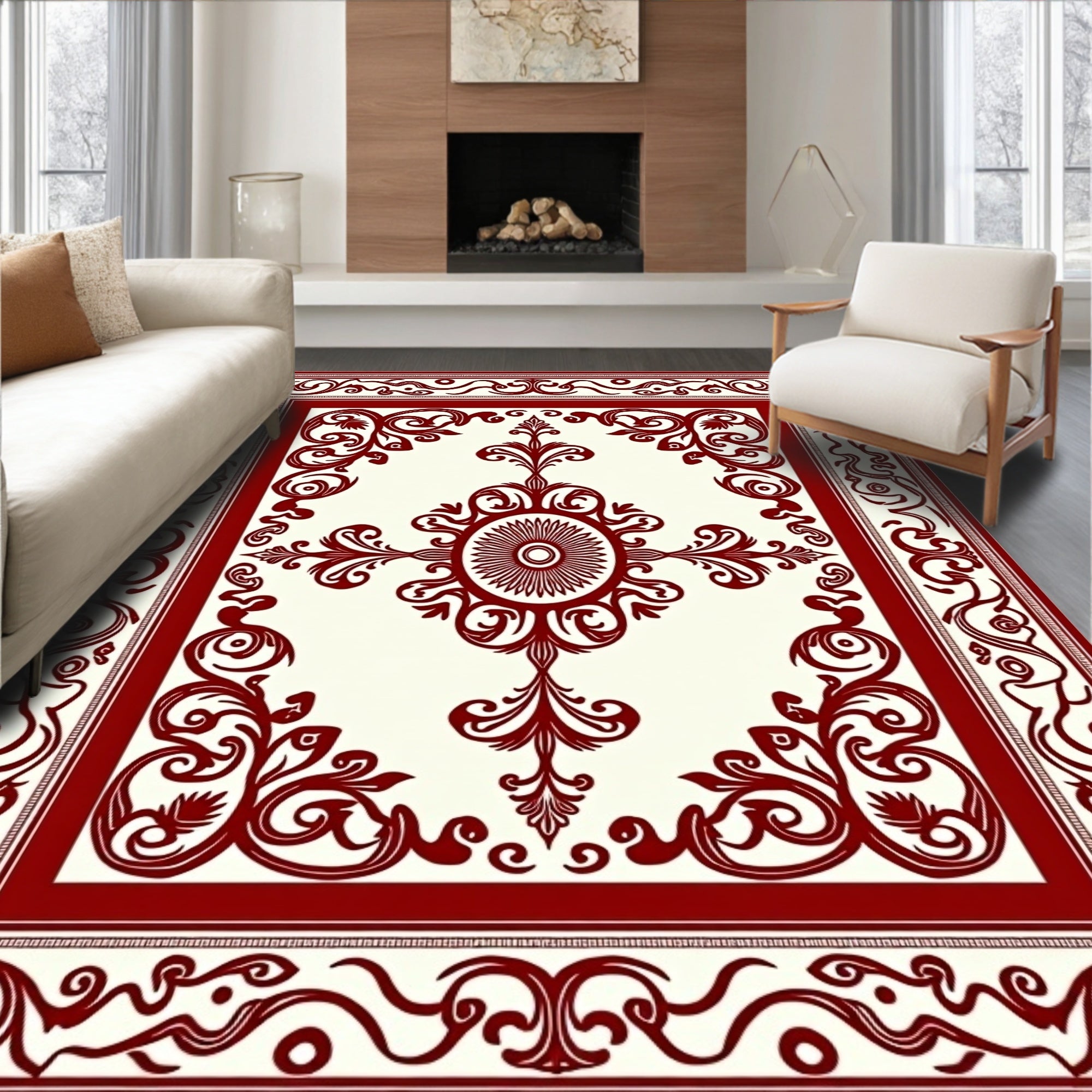 Crimson Ivory Floral Scroll Decorative Rug