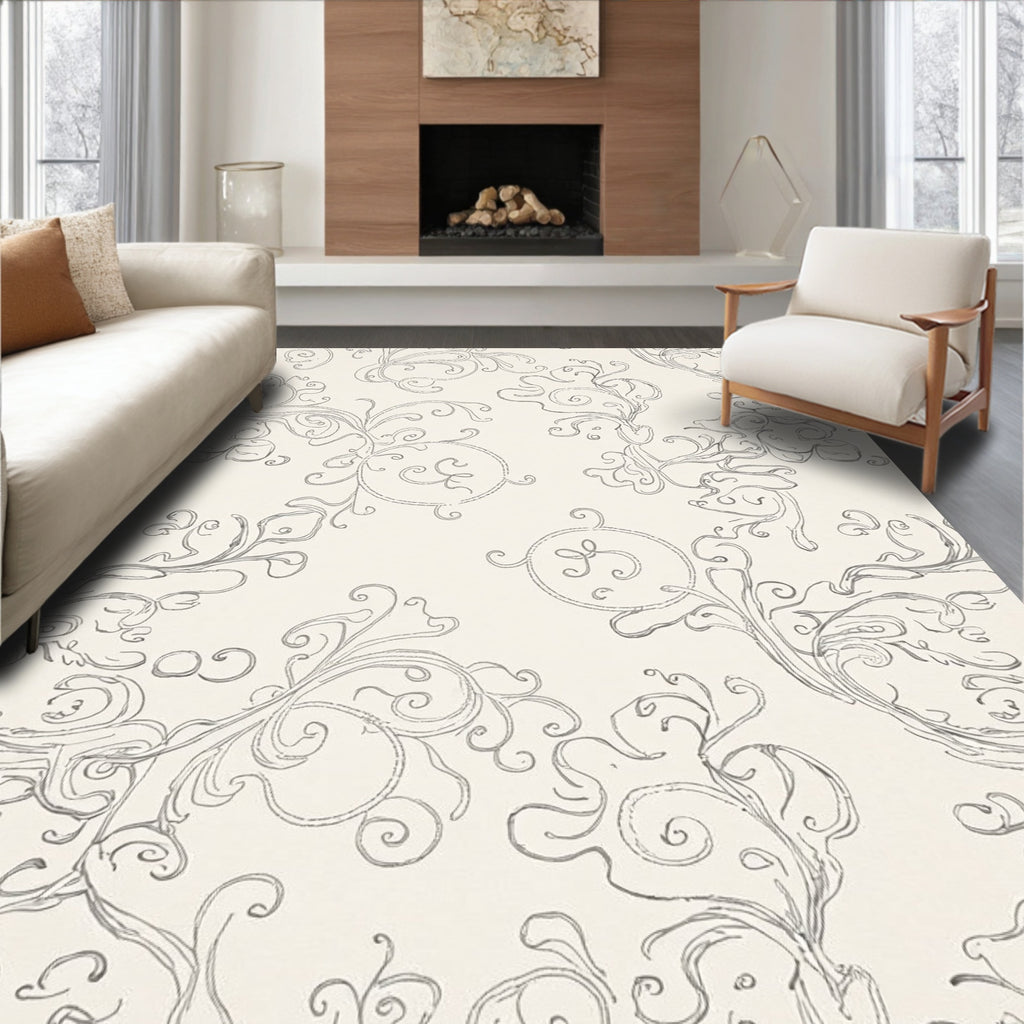 Elegant Gray Flourish Scrollwork Rug