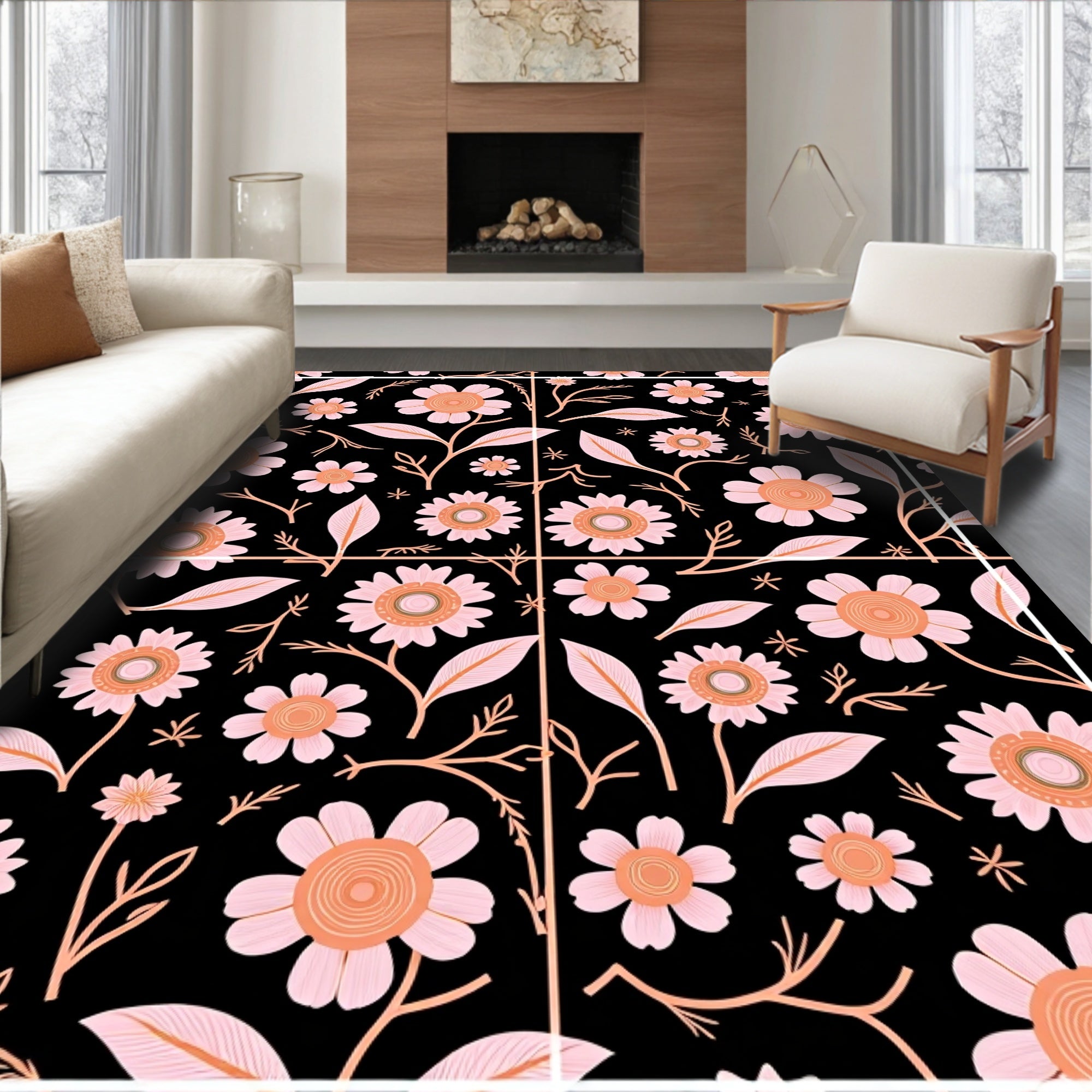 Pink Peach Floral Garden Black Rug