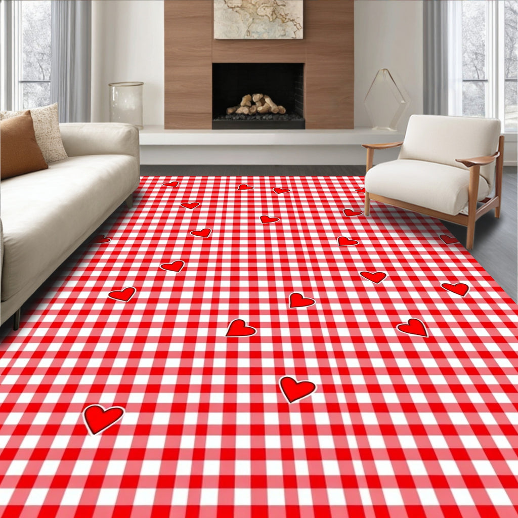 Red White Gingham Heart Scatter Rug