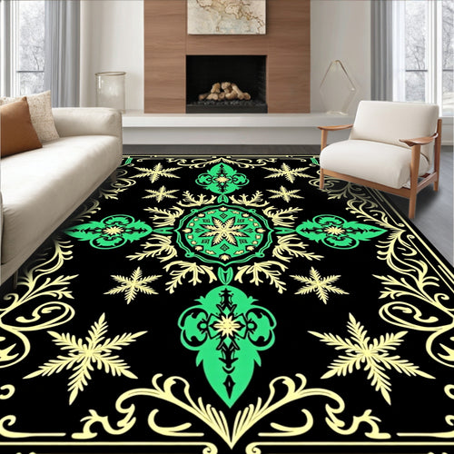 Black Emerald Green Floral Medallion Rug