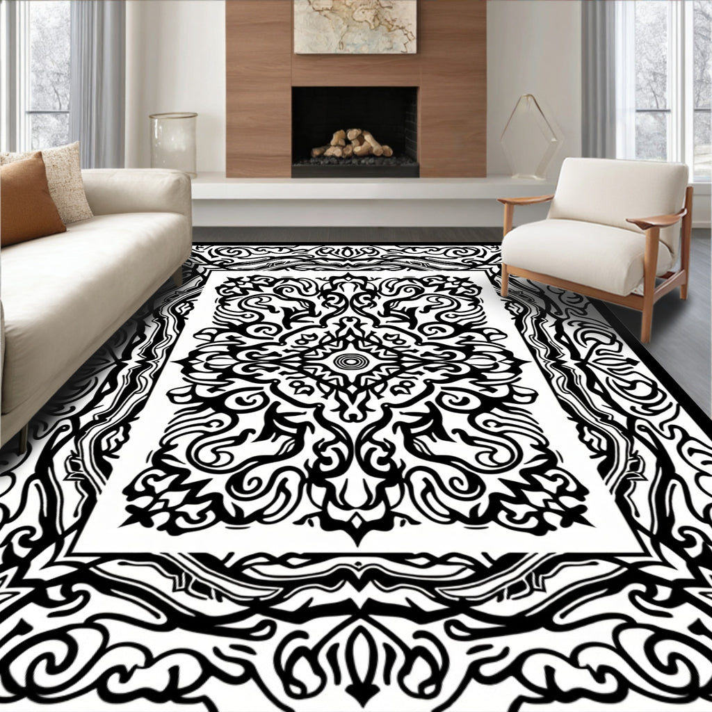 Intricate Black And White Scrollwork Harmony Rug