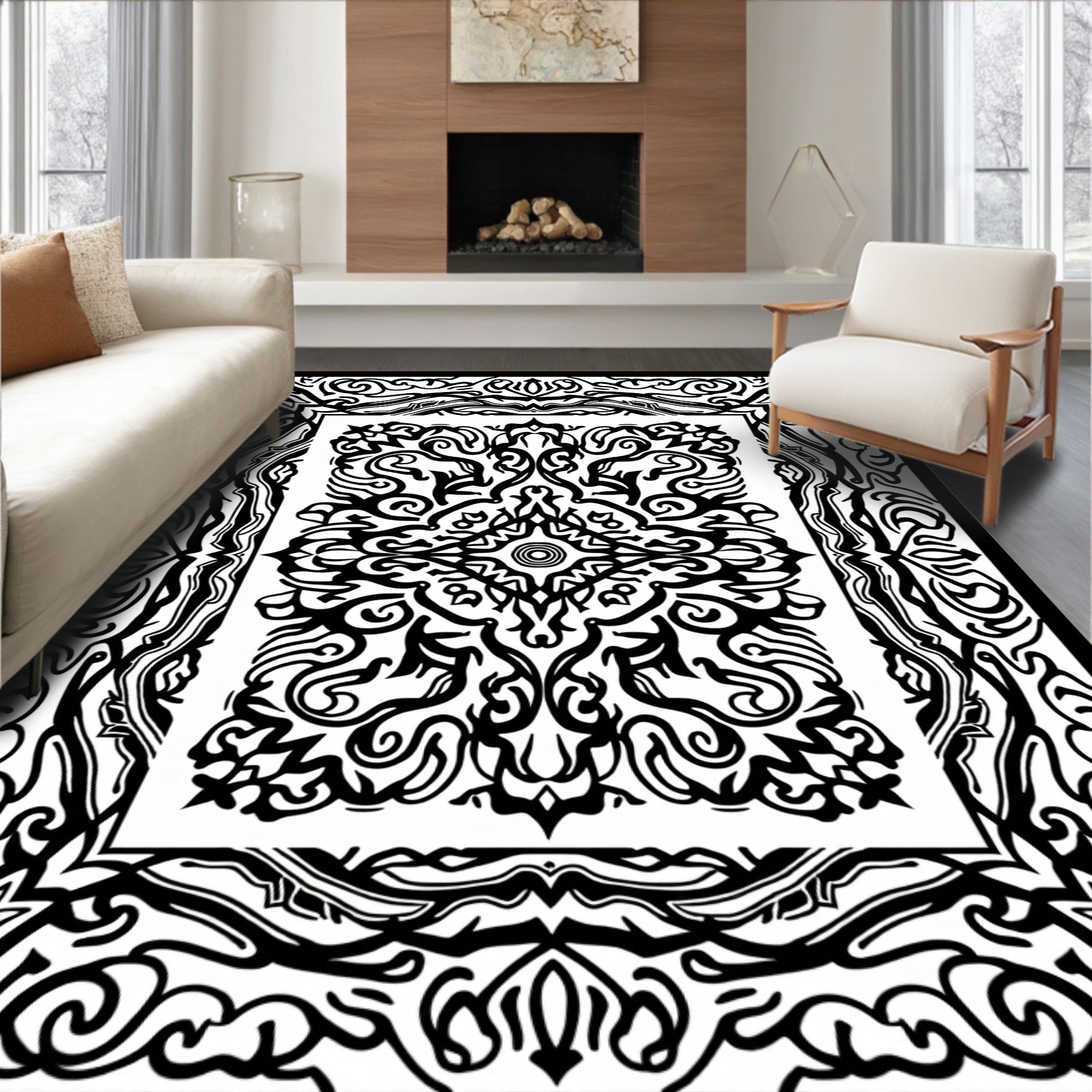 Intricate Black And White Scrollwork Harmony Rug
