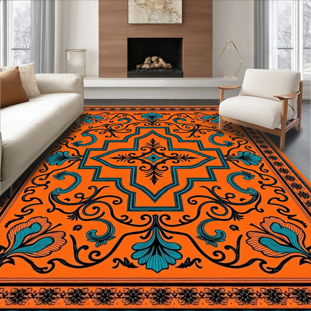 Vibrant Teal Floral Medallion Orange Rug