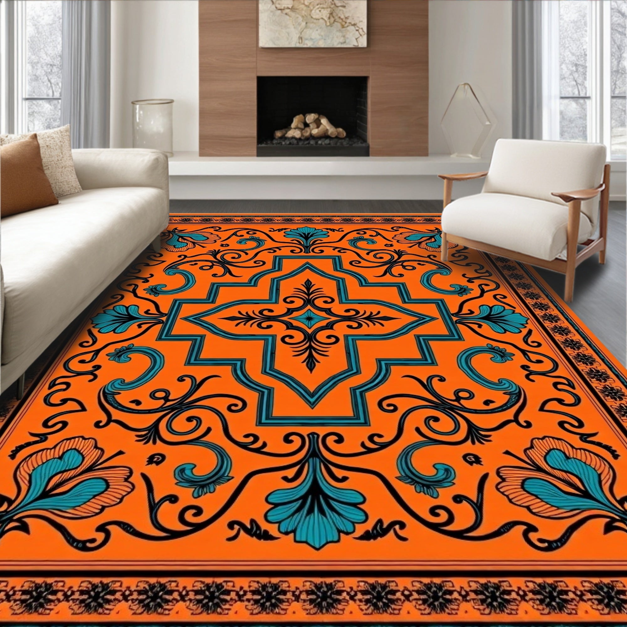 Vibrant Teal Floral Medallion Orange Rug