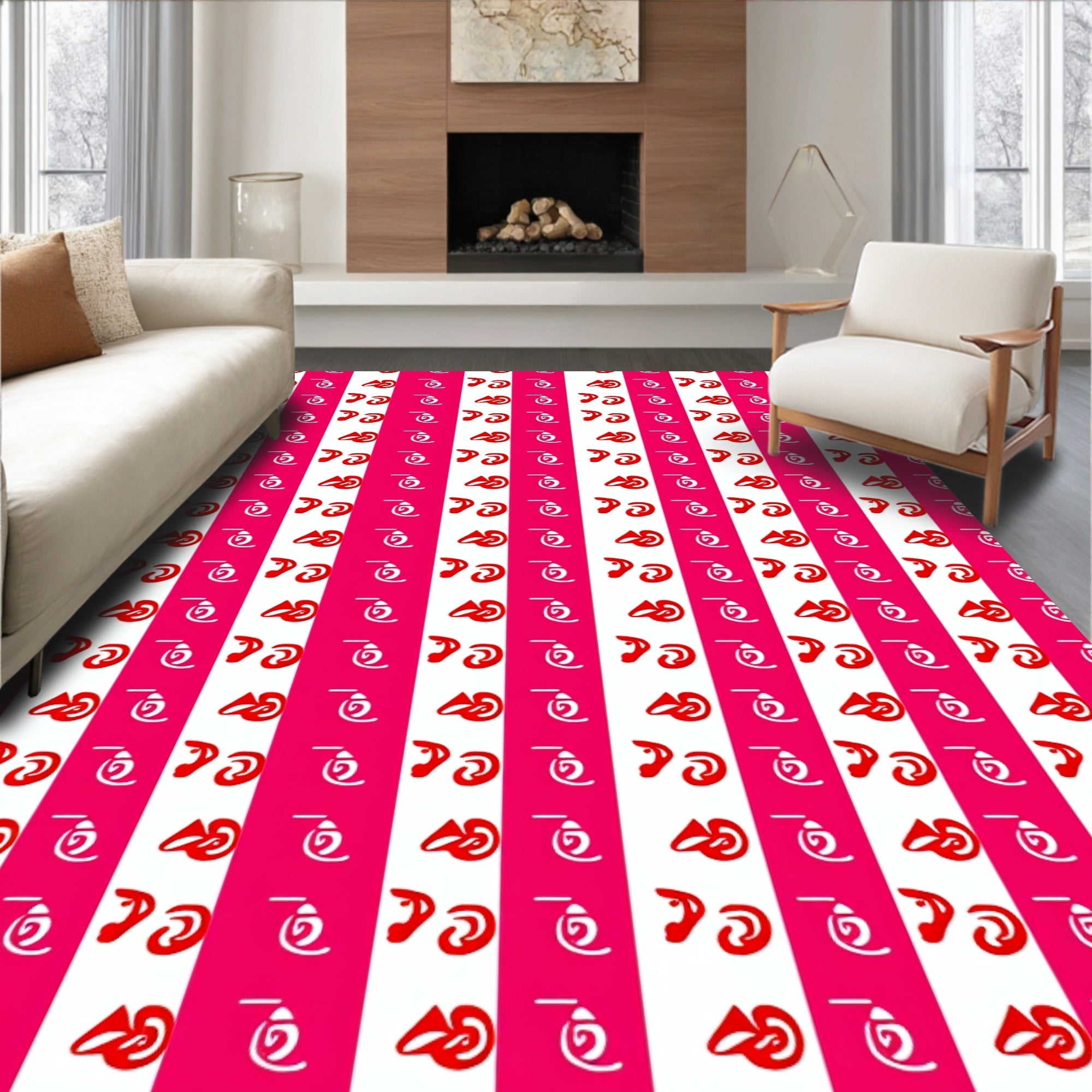 Pink White Striped Abstract Swirl Rug