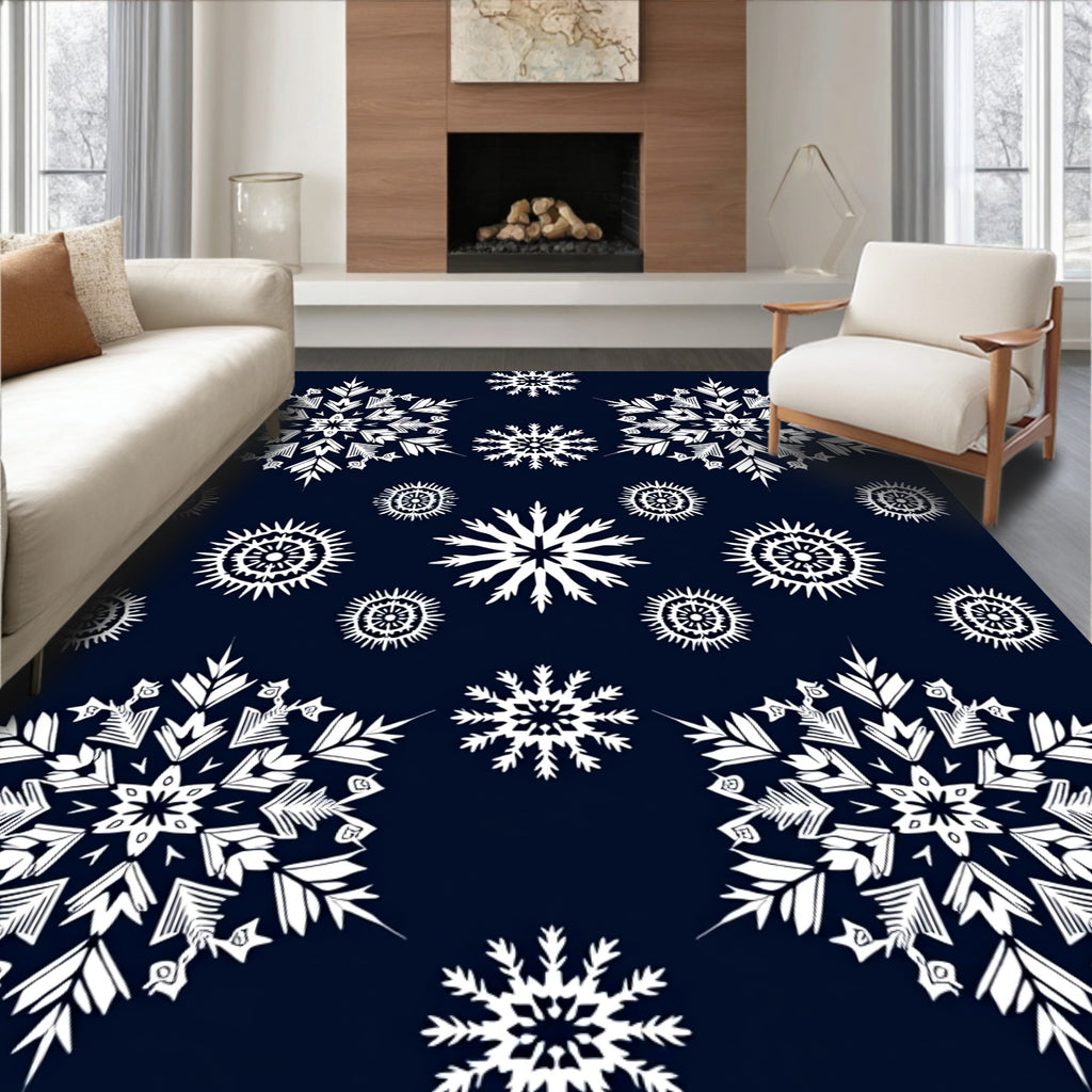 White Snowflake Collection on Navy Rug