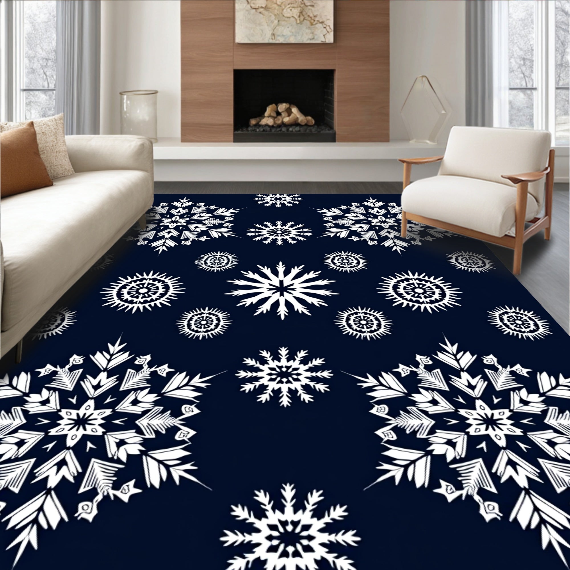 White Snowflake Collection on Navy Rug