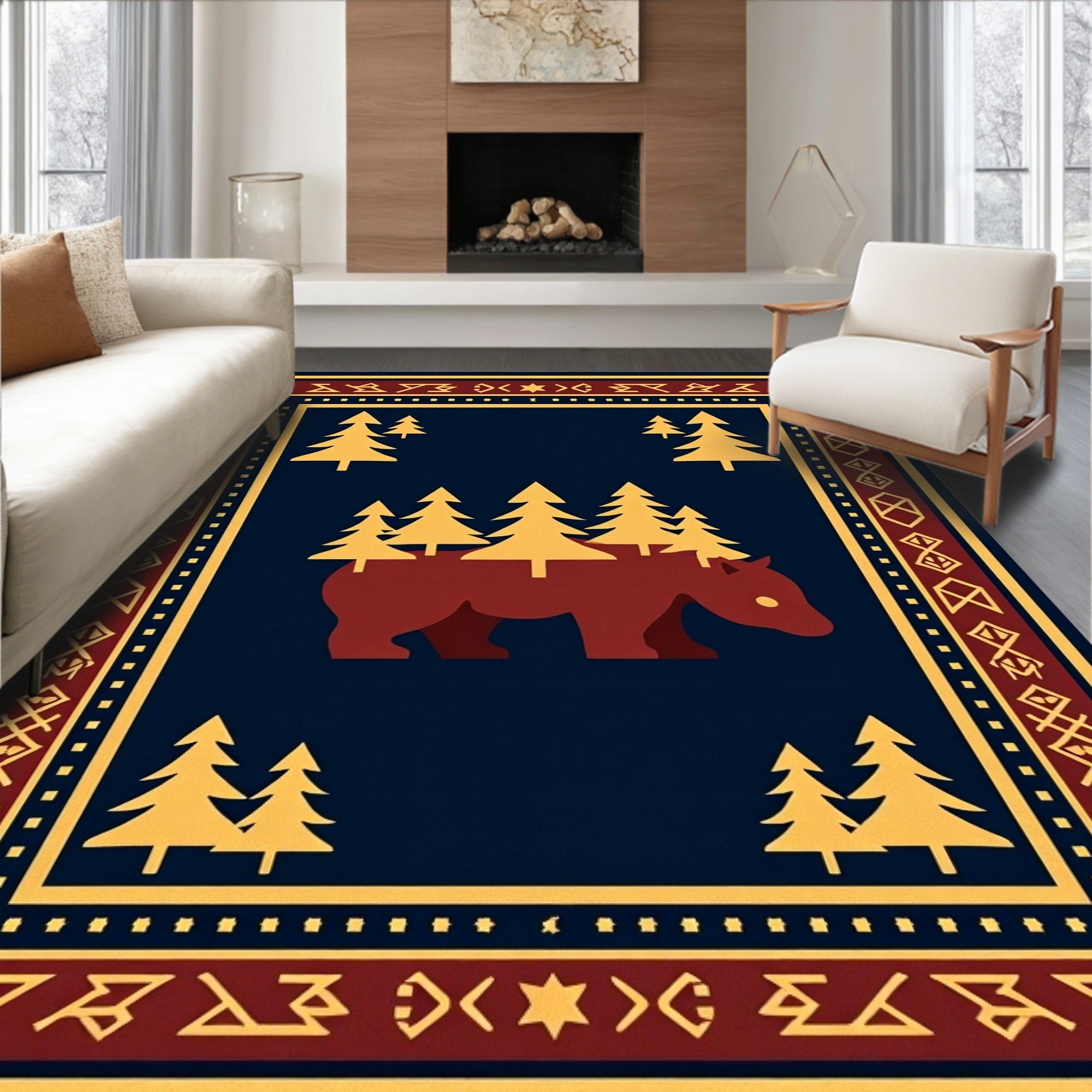 Barn Red Bear Forest Trees Rug