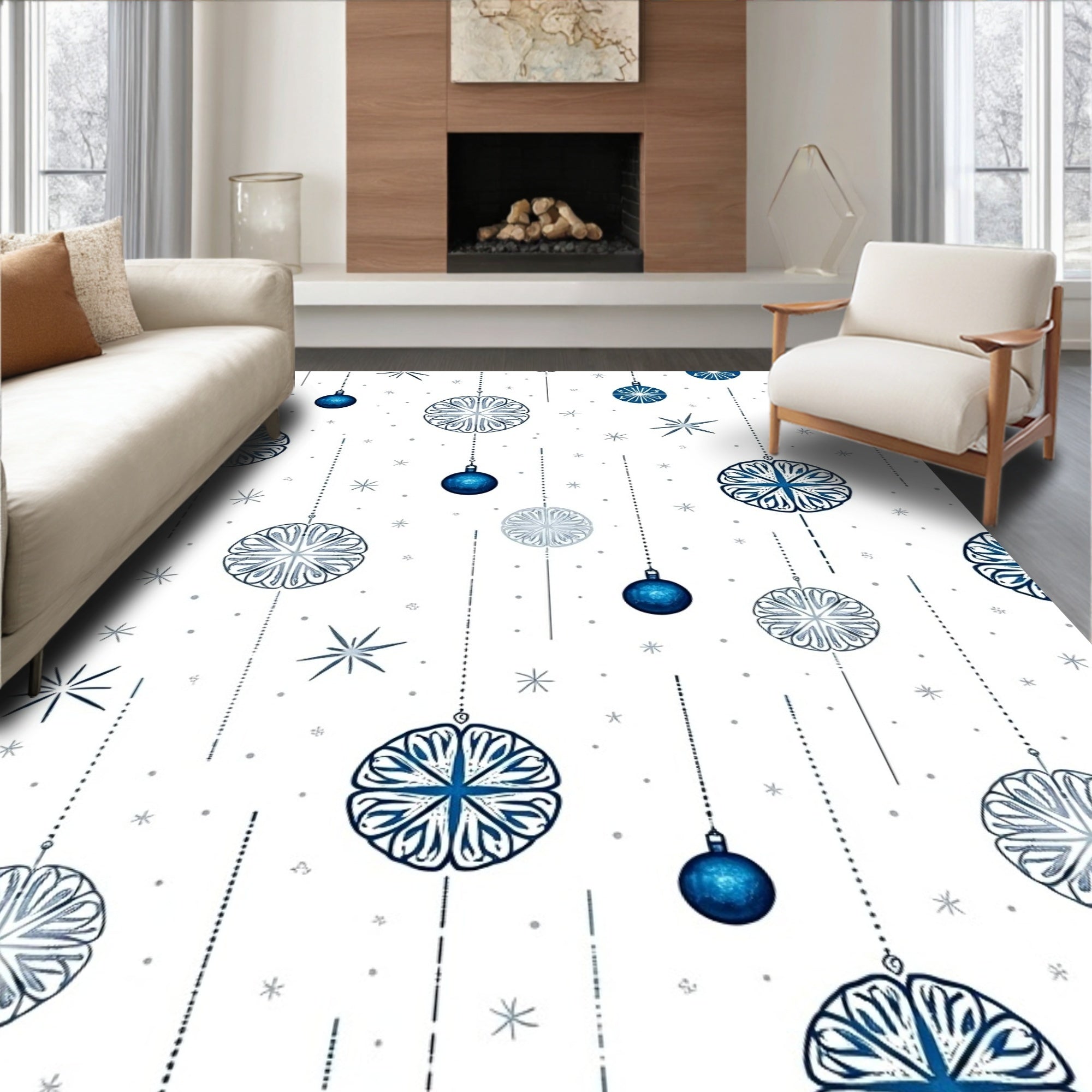 Blue Hanging Ornaments Starry Snowflakes Rug