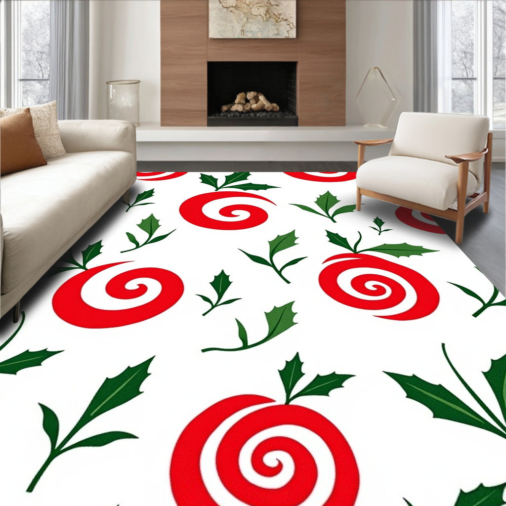 Red Swirl Ornament with Holly Sprigs Rug