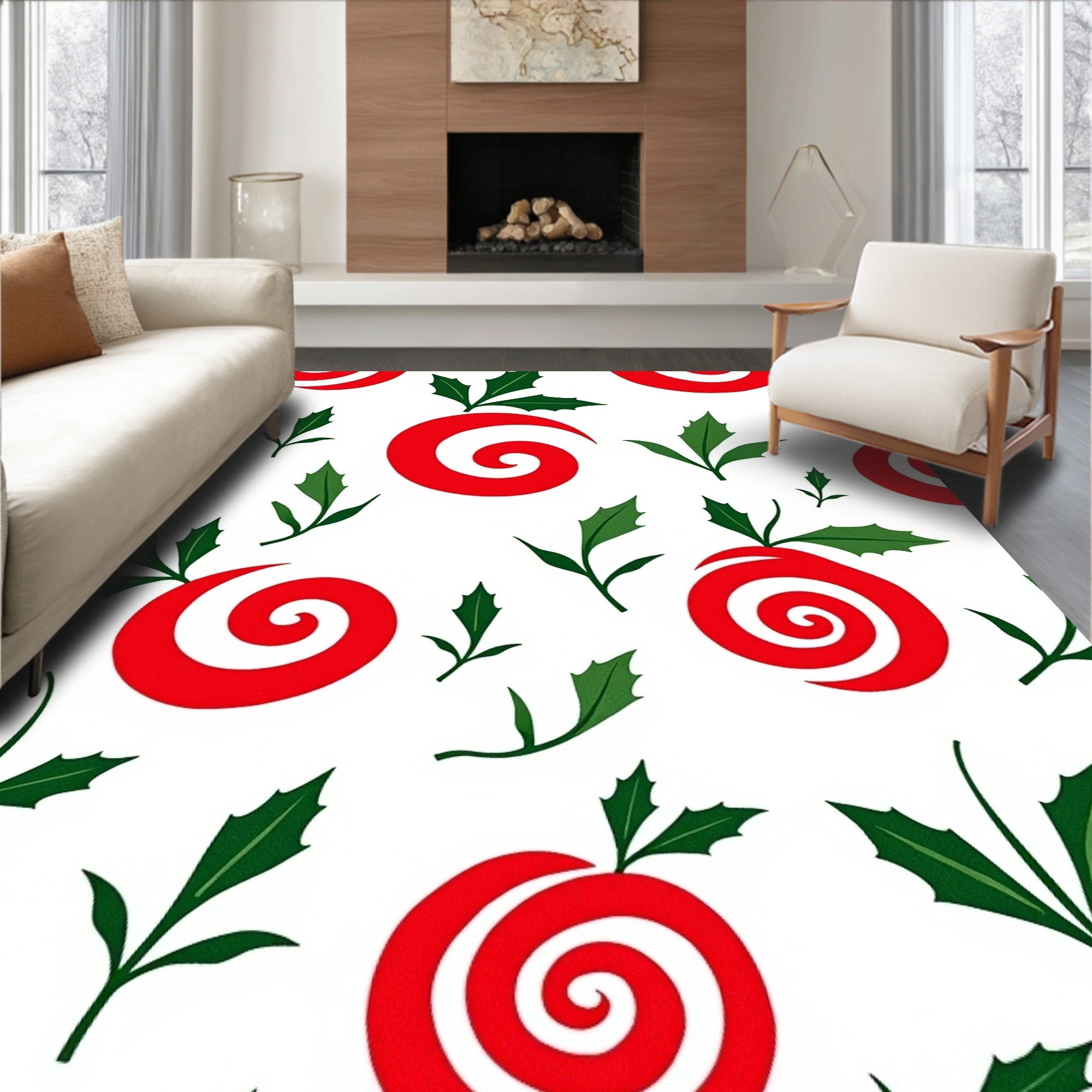 Red Swirl Ornament with Holly Sprigs Rug