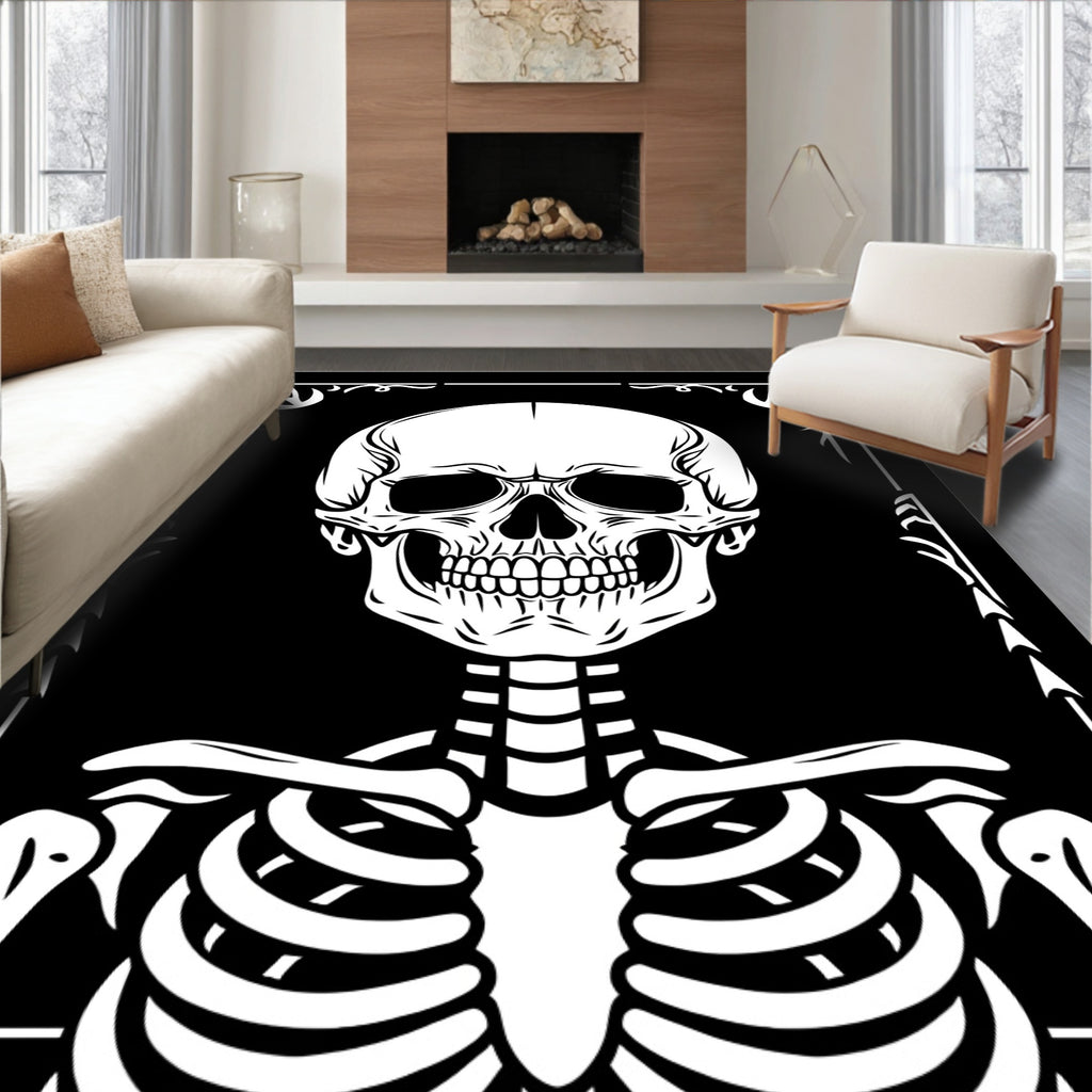 Monochromatic Skeleton Skull Frame Rug