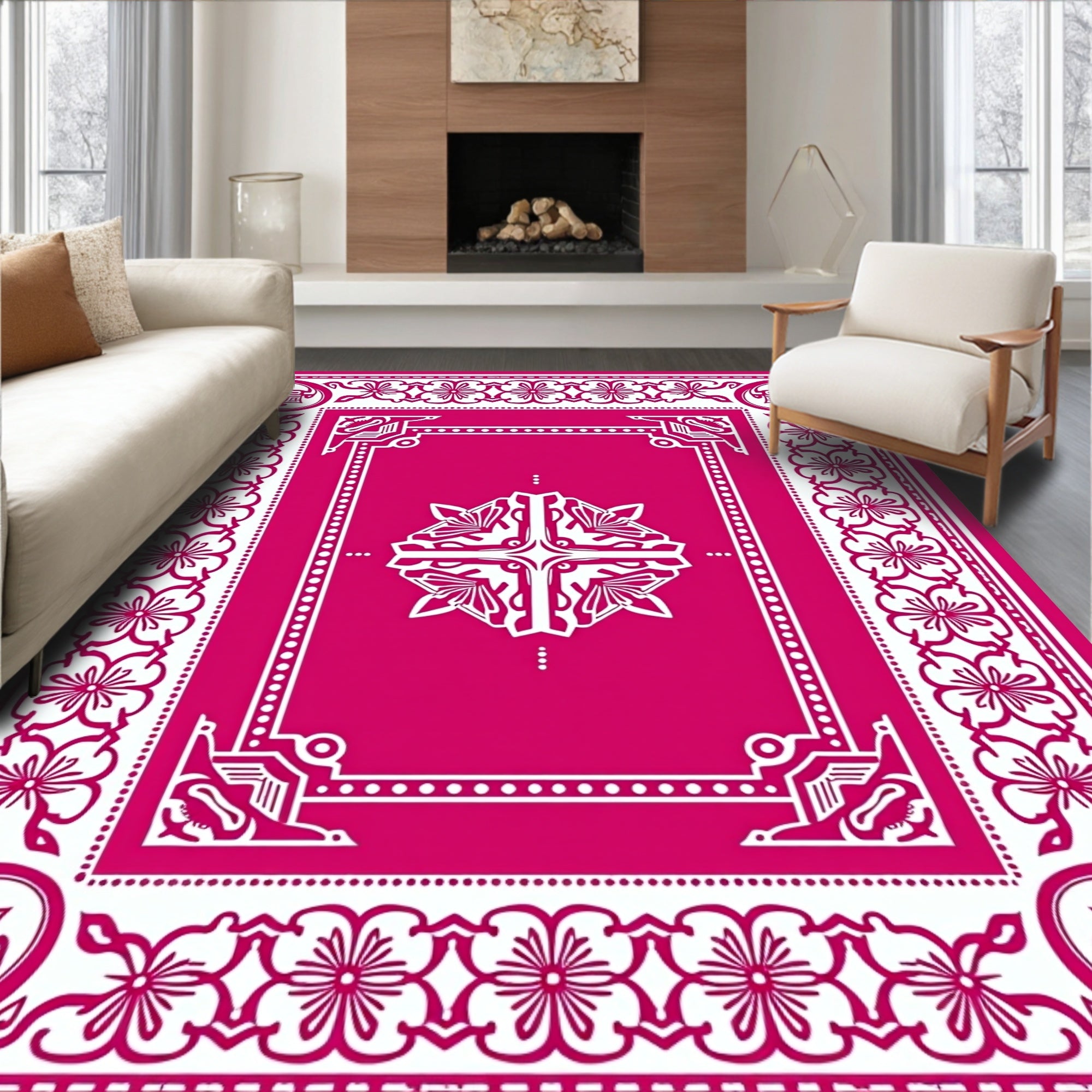 Vibrant Fuchsia Floral Frame Medallion Rug