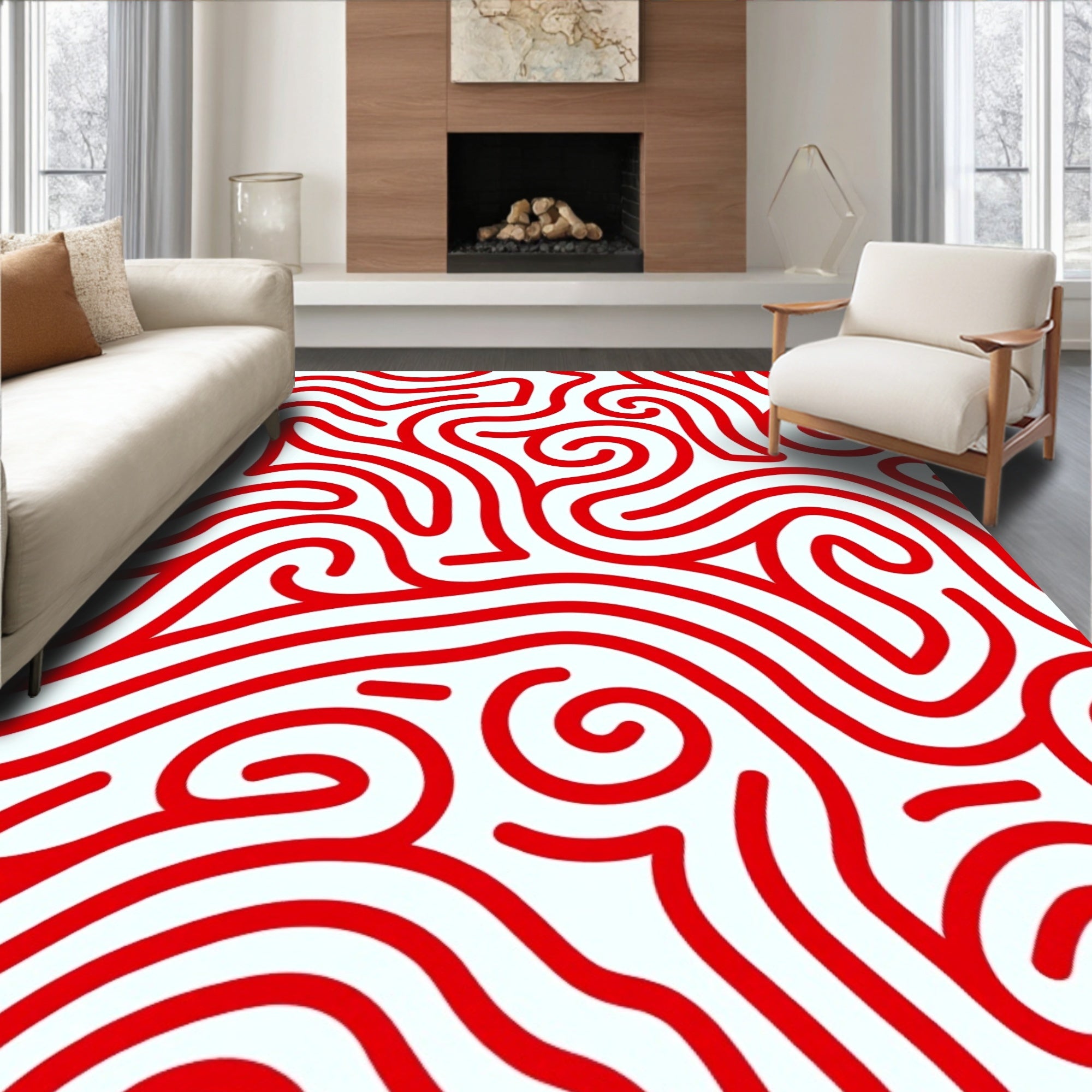 Crimson Swirl Maze Lines Rug