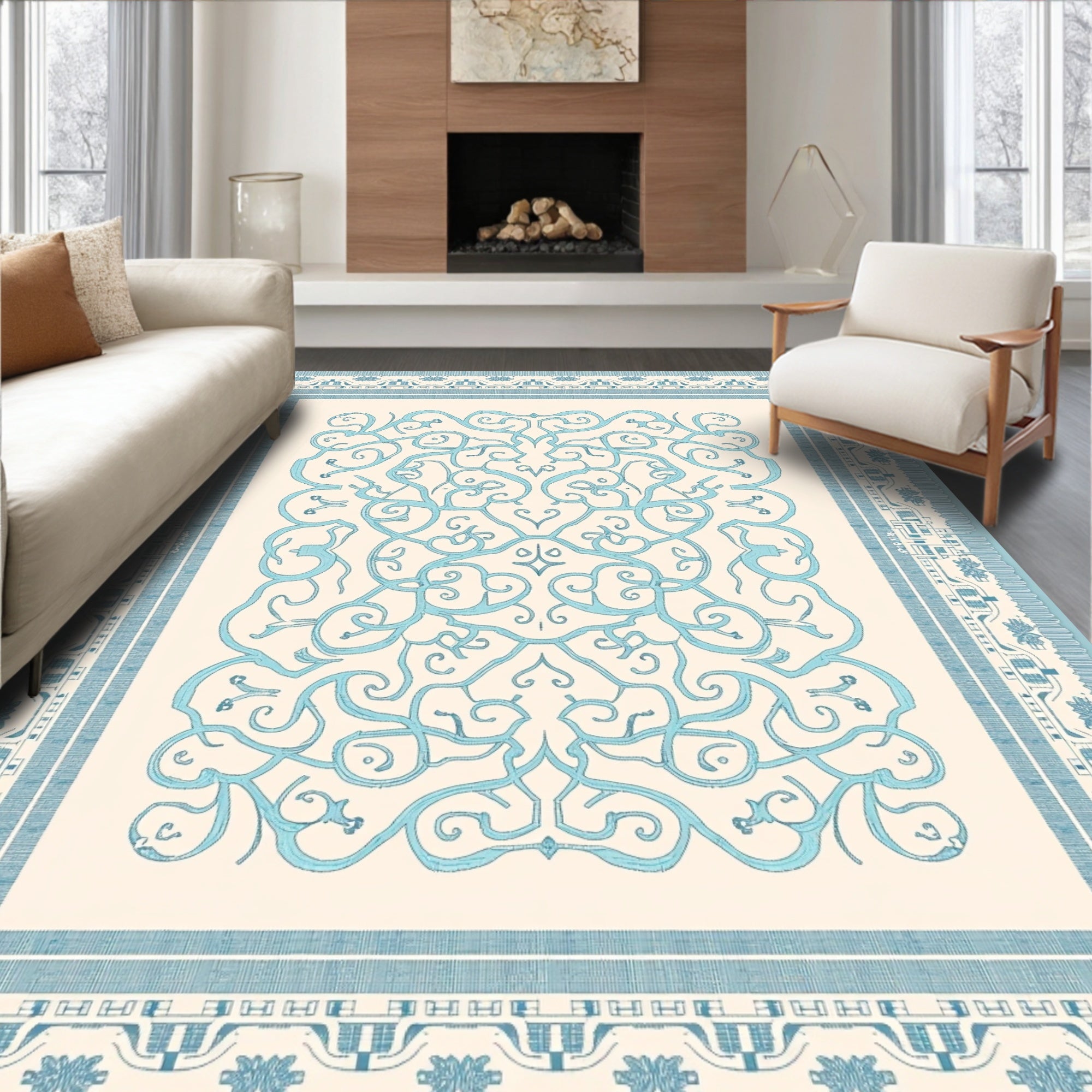 Light Blue Ornate Scroll Medallion Rug